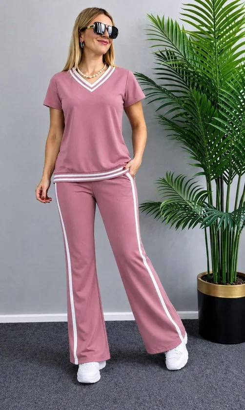 Women's Short Sleeve V-Neck Viscose Ribbed Blouse and Trousers Two-Piece Set - Janes - by Peralane
