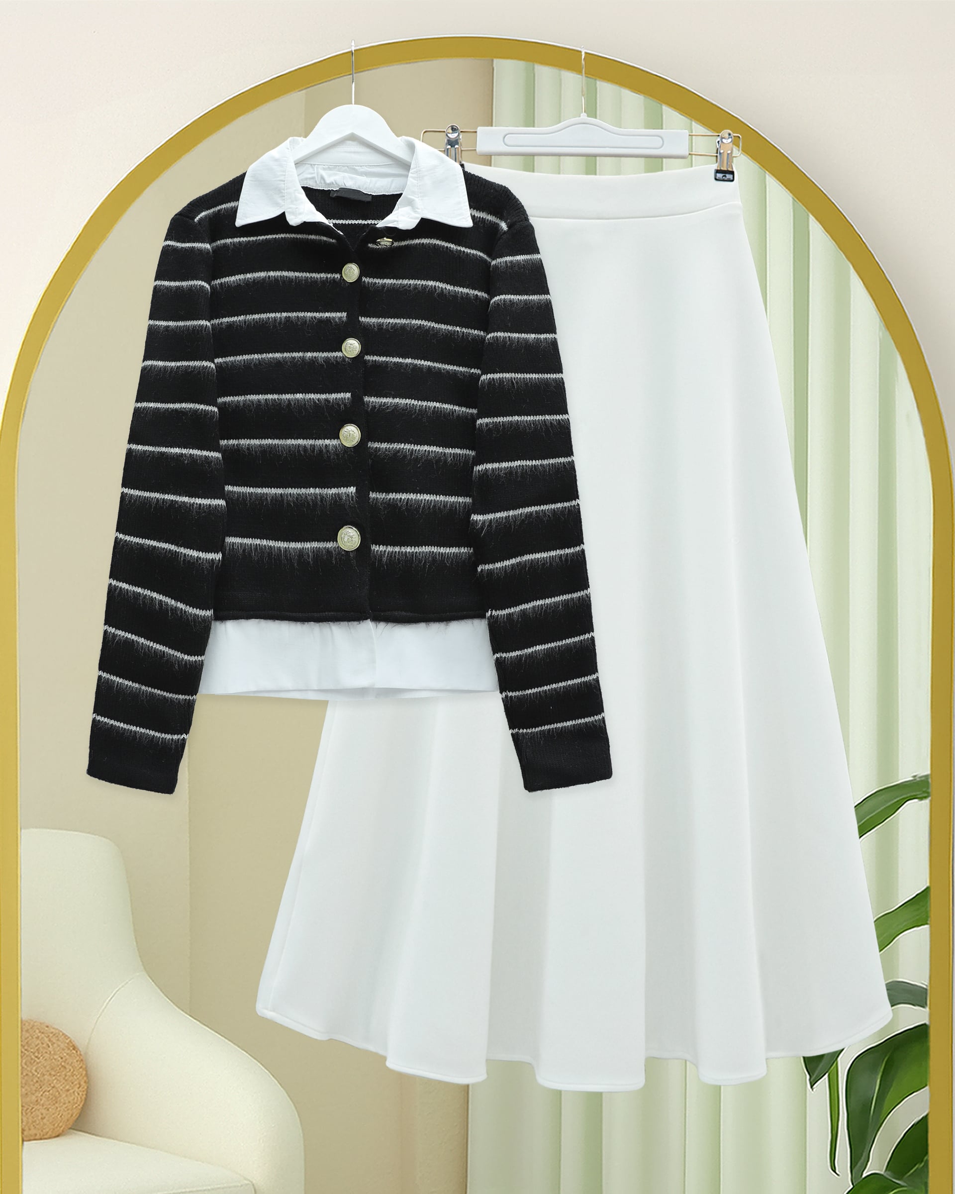 Black Striped Knitted Cardigan with Shirt Collar Detail - Podyumplus - by Peralane - photo 6