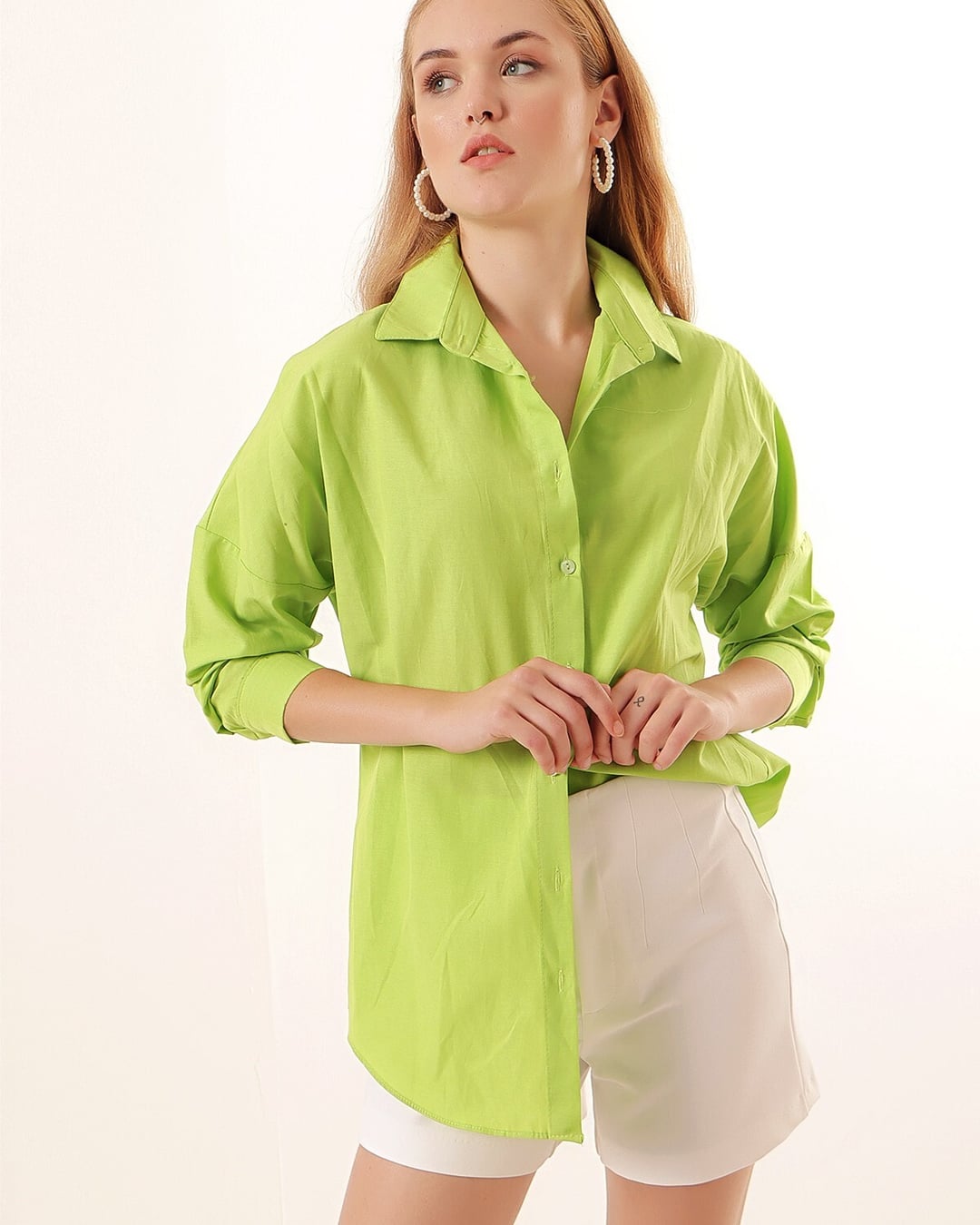 Oversize Long Basic Shirt in Lime Green - Women's Blouse - Bigdart - by Peralane