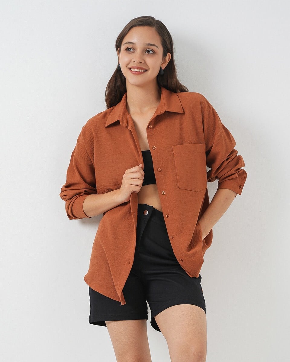 Women's Oversized Linen-Blend Shirt with Chest Pocket - Rust - Bigdart - by Peralane - photo 3