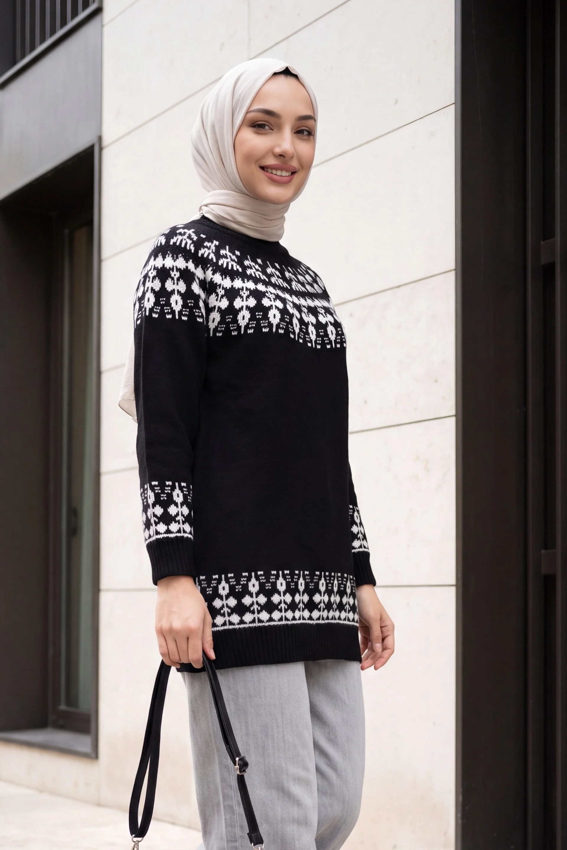 Half Collar Patterned Knit Tunic - Black - Podyumplus - by Peralane - photo 2