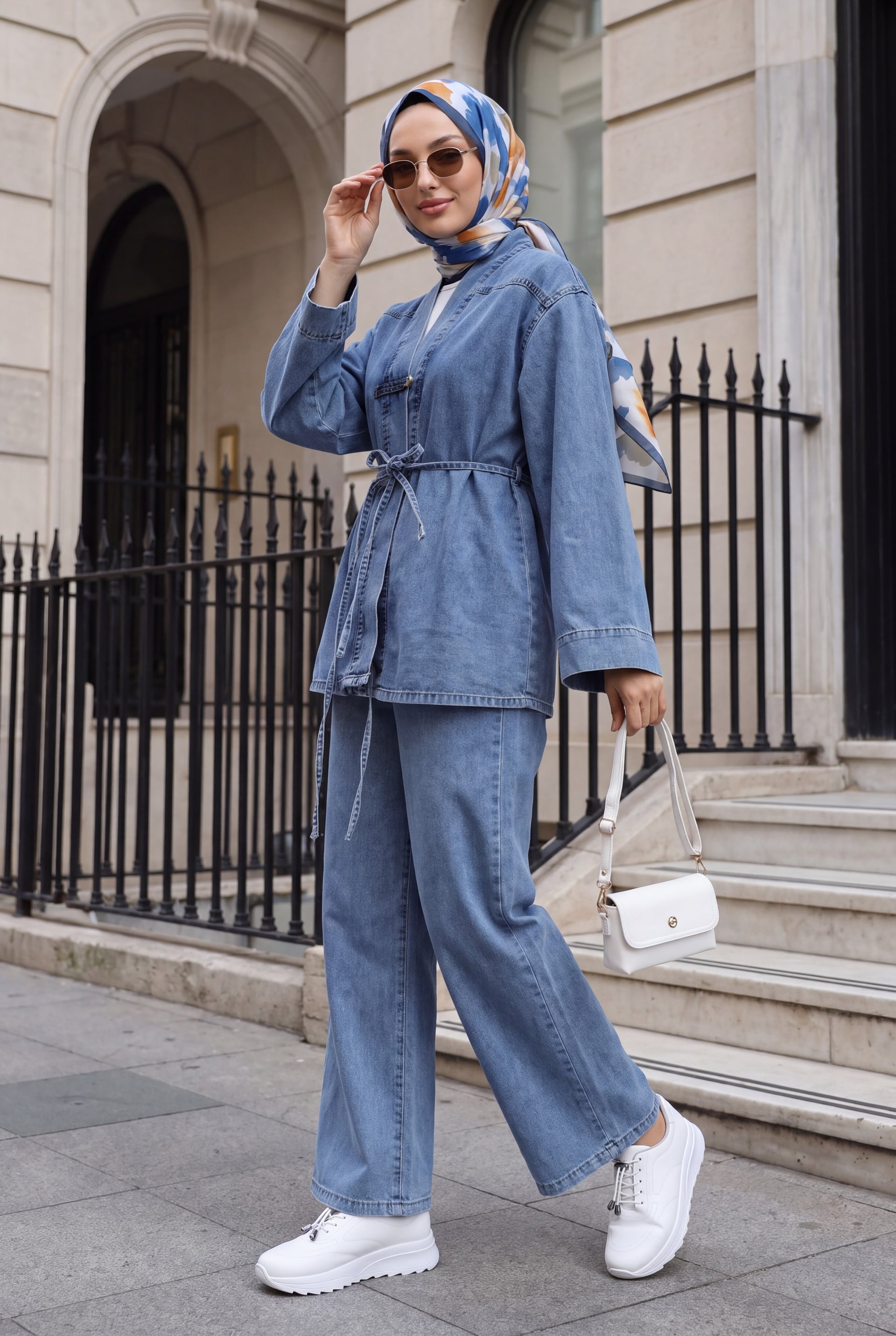 Denim Kimono Co-ord Set with Wide-Leg Trousers - Ice Blue - Podyumplus - by Peralane