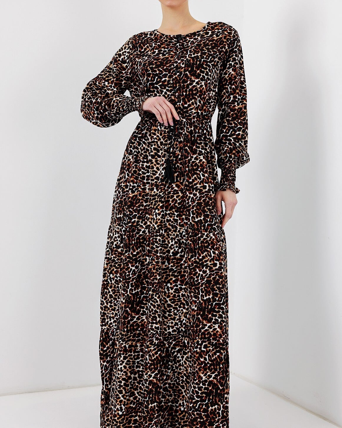Leopard Print Modest Maxi Dress with Belt - Brown - Bigdart - by Peralane - photo 6