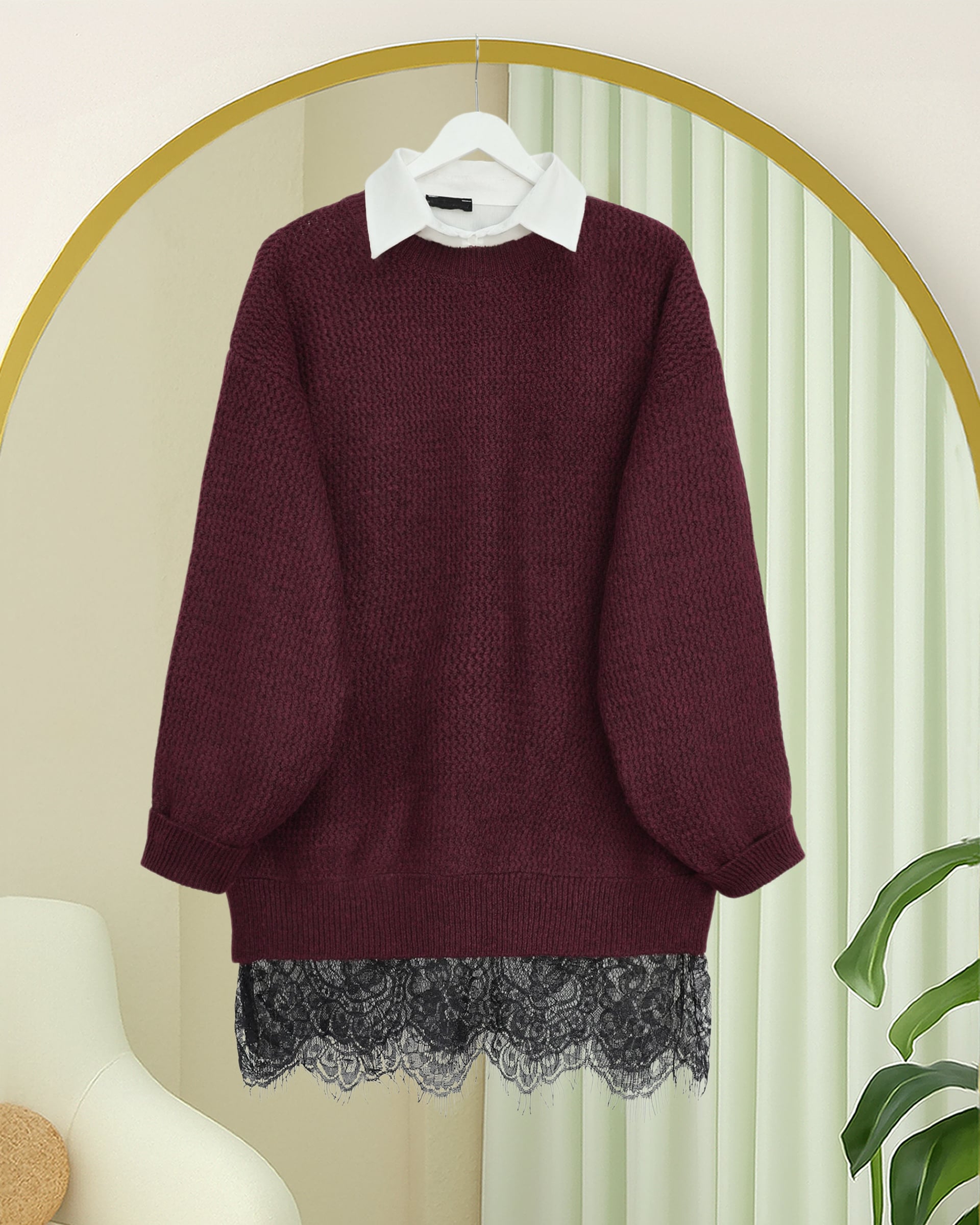 Maroon Lace-Trimmed Knit Sweater with Collar - Podyumplus - by Peralane - photo 2