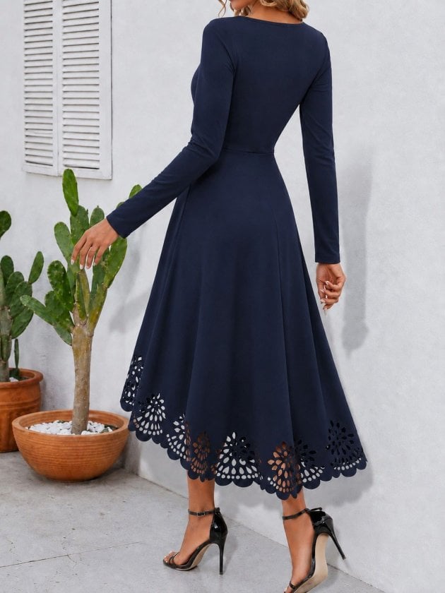 Navy Blue Long-Sleeved Square Neck Midi Dress with Laser-Cut Floral Hem - Janes - by Peralane - photo 2