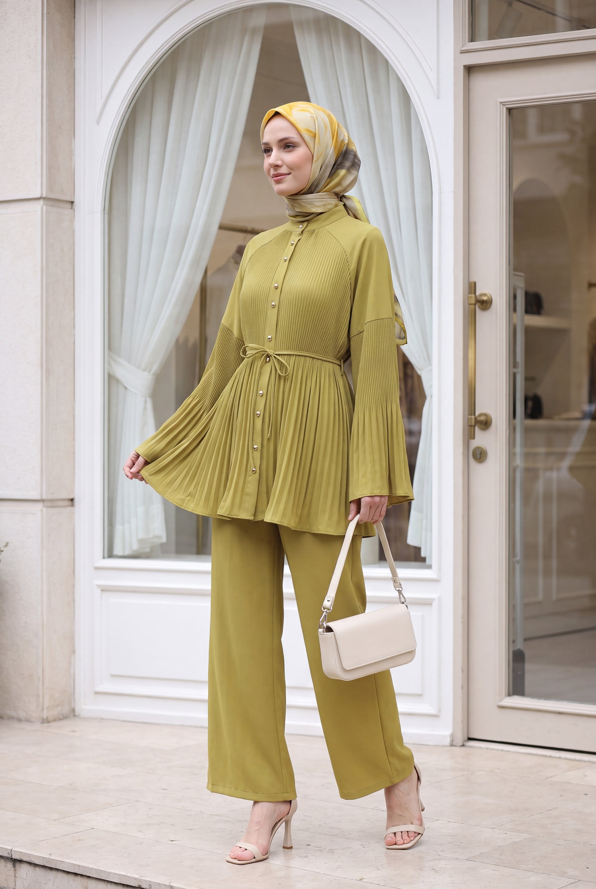 Pleated Mandarin Collar Buttoned Crepe Two-Piece Set - Oil Green - Podyumplus - by Peralane - photo 7