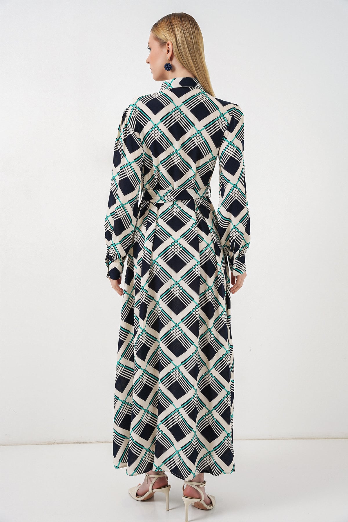 Women's Long Modest Button-Front Dress with Geometric Print - Dark Navy - Bigdart - by Peralane - photo 4