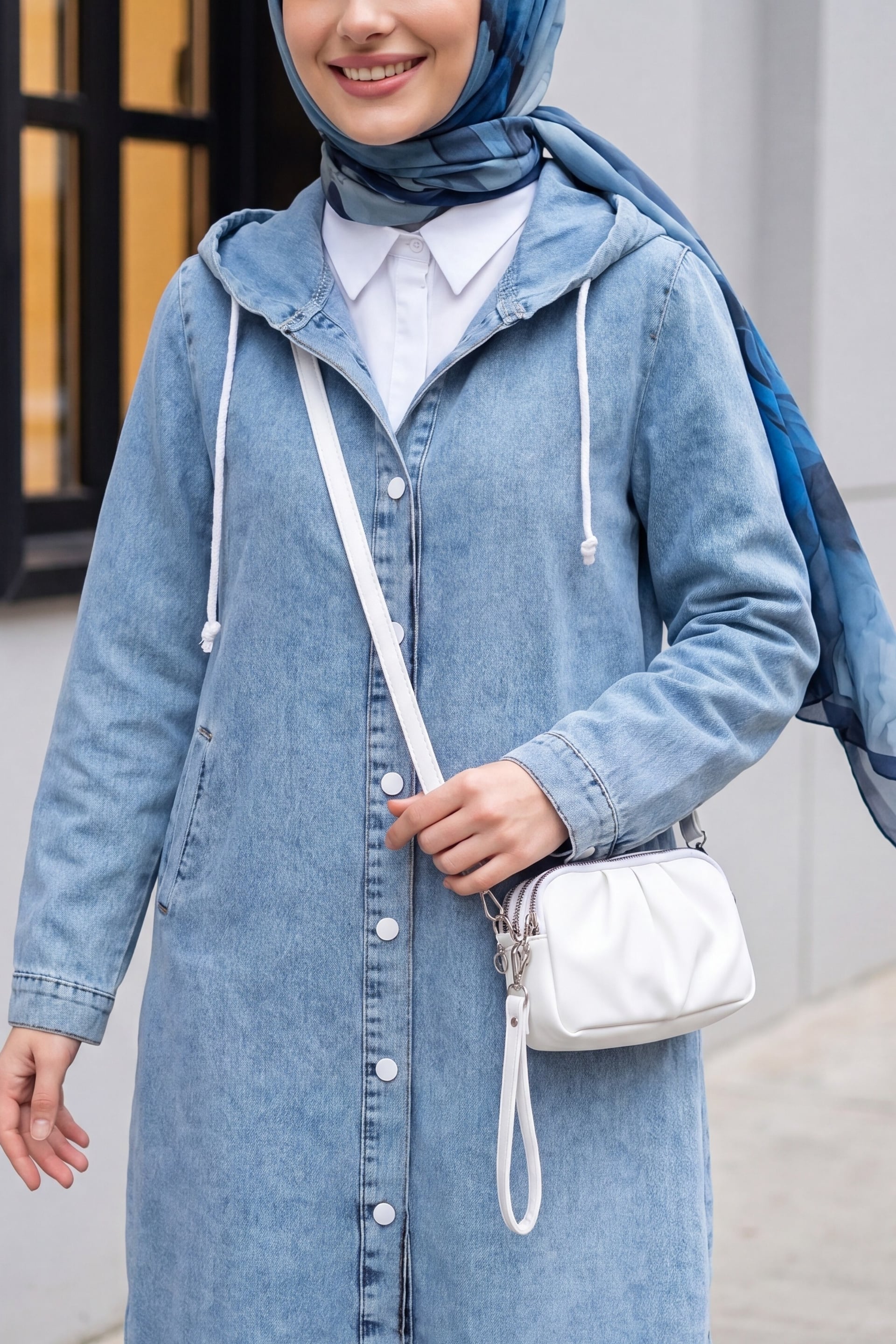 Hooded Buttoned Denim Tunic - Ice Blue - Podyumplus - by Peralane - photo 3