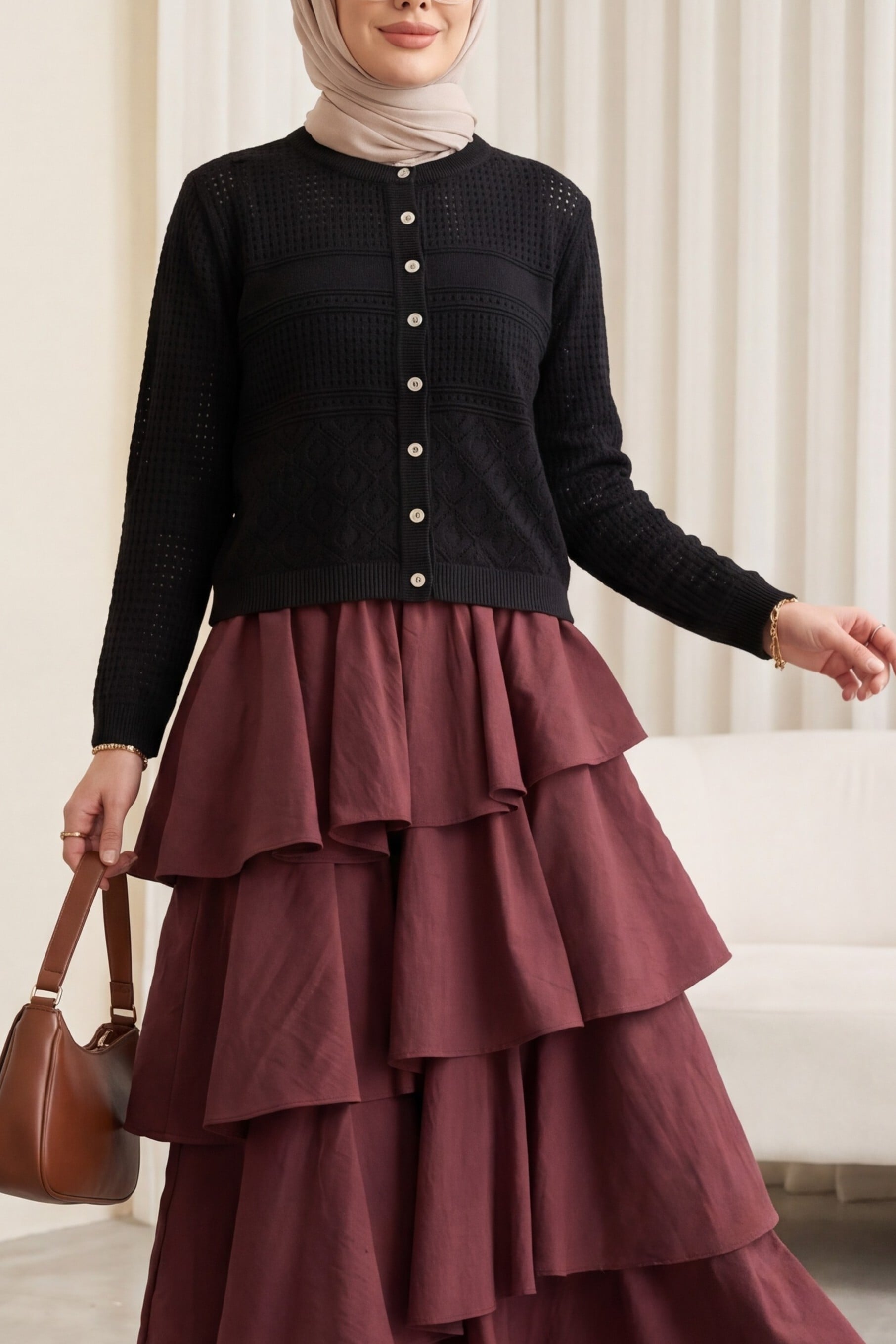 Women's Round Neck Buttoned Eyelet Knit Cardigan - Black - Podyumplus - by Peralane - photo 2