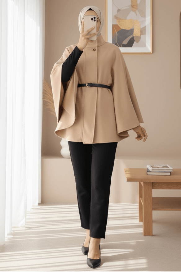 Women's Single-Button Belted Cape - Mink - Podyumplus - by Peralane