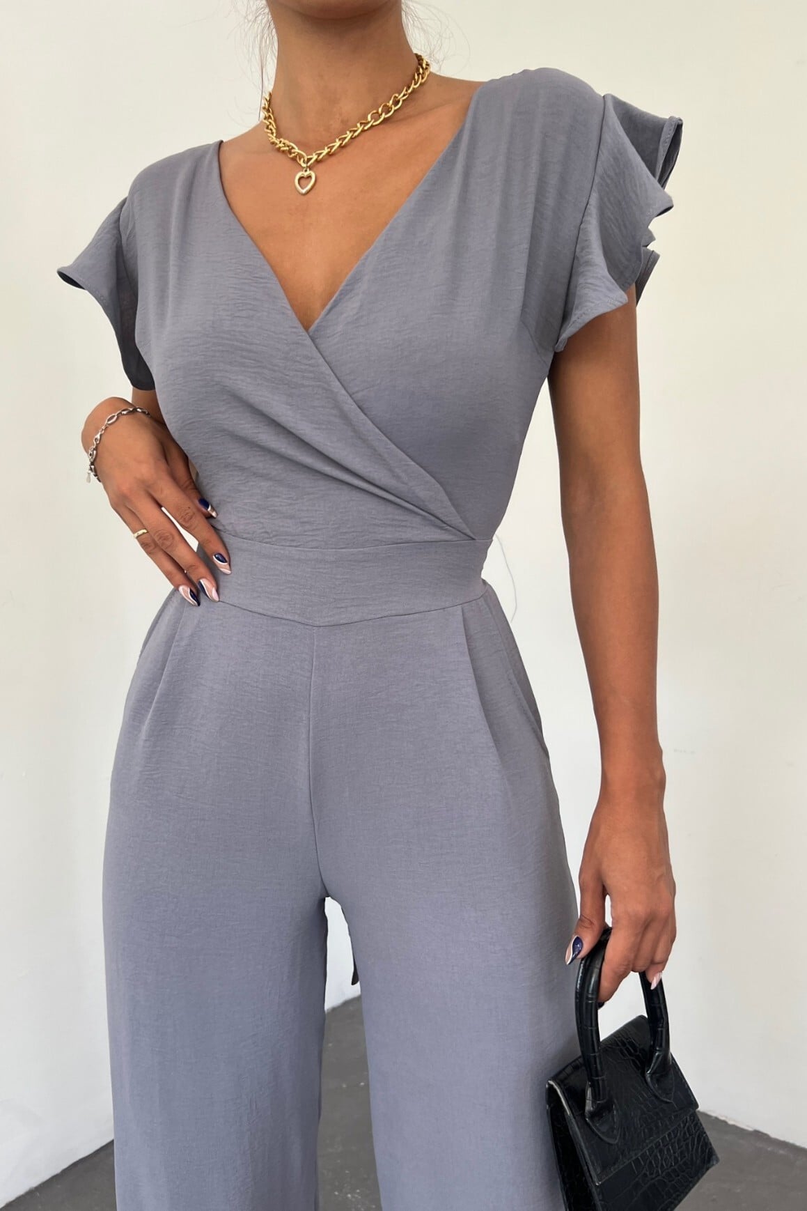 Grey Flutter Sleeve Jumpsuit with Belt - Podyumplus - by Peralane - photo 2