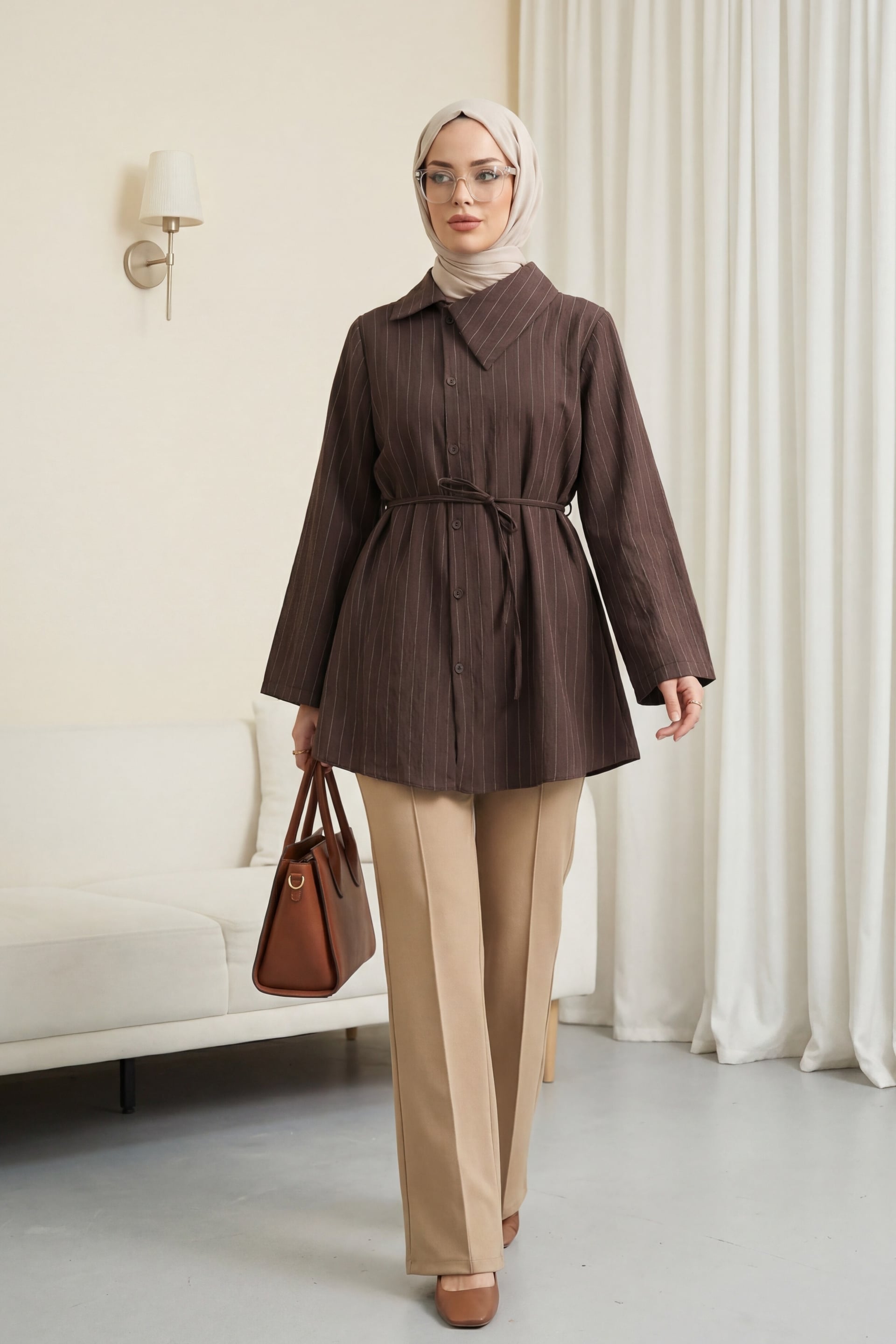 Women's Crinkle Pinstripe Side-Collar Blouse with Tie Belt - Brown - Podyumplus - by Peralane - photo 2