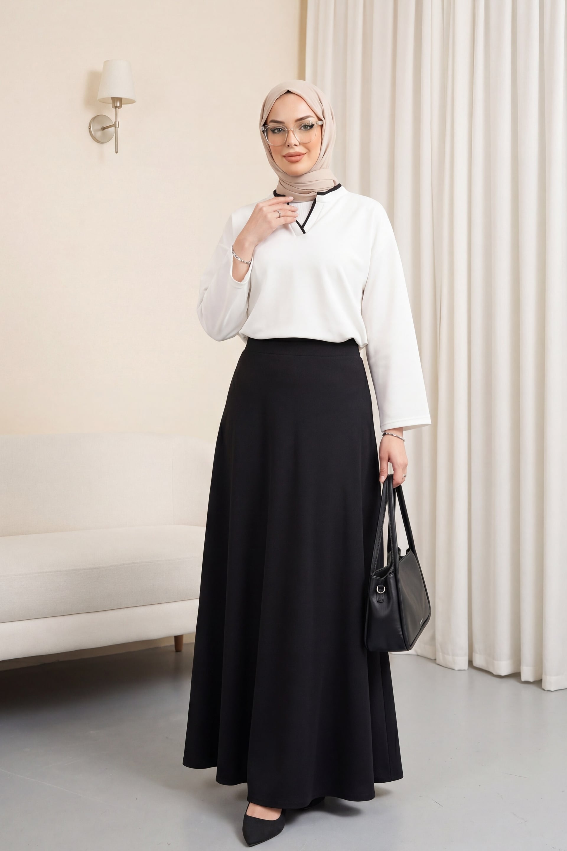 V-Neck Double Layer 2-Thread Cotton Blend Blouse - White - Podyumplus - by Peralane - photo 3