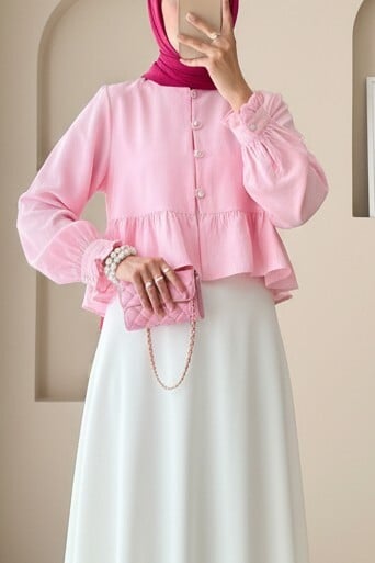 Pink Modal Blouse with Ruffled Peplum and Pearl Buttons - Podyumplus - by Peralane