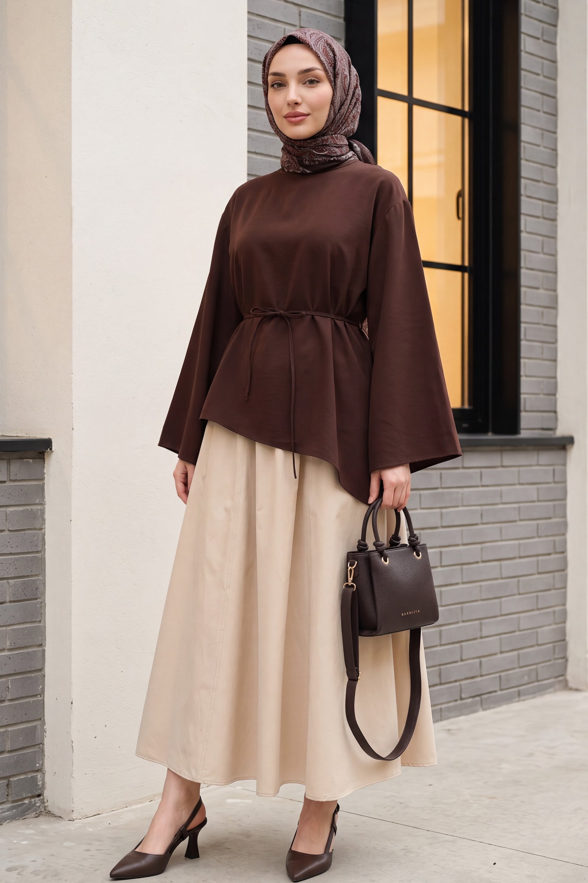 Asymmetric Cut Tie-Belt Oversize Modal Tunic - Dark Brown - Podyumplus - by Peralane - photo 4