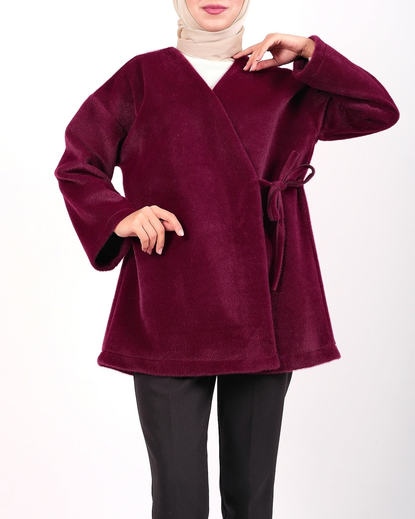 Side-Tie Faux Fur Cardigan - Deep Plum - Podyumplus - by Peralane - photo 3