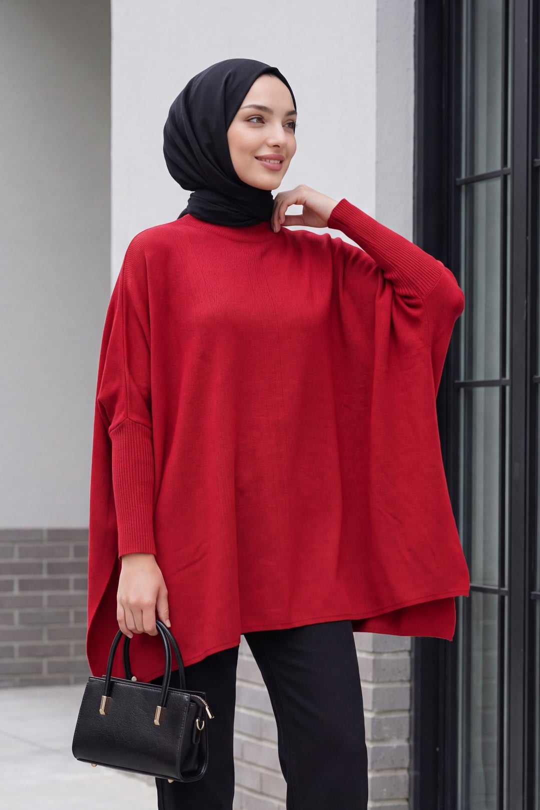Red Oversize Pancho Knit Tunic with Side Slits - Bigdart - by Peralane - photo 2