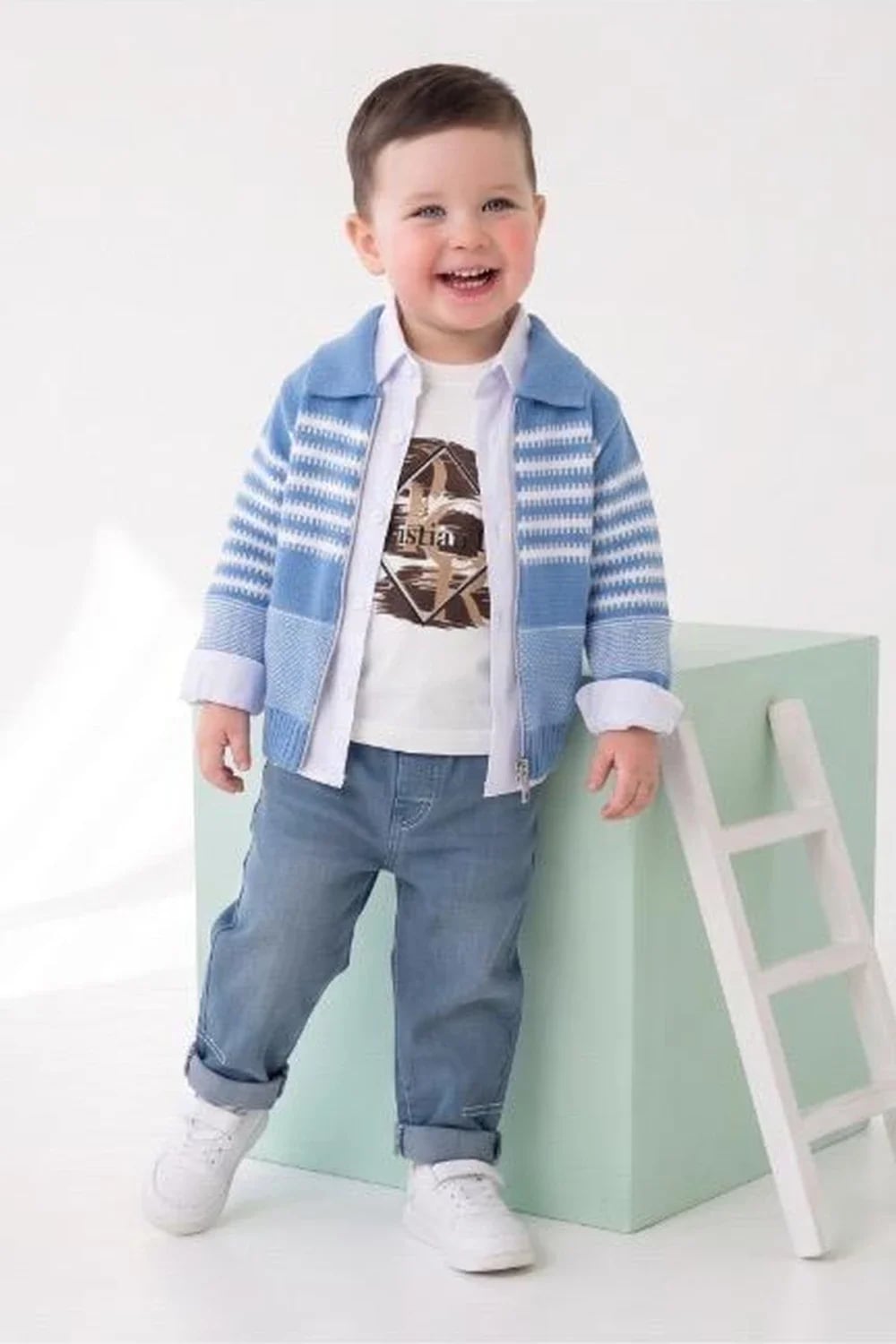 Boys' 3-Piece Set with Striped Cardigan, T-Shirt and Denim Trousers - Blue - Has Bereket - by Peralane