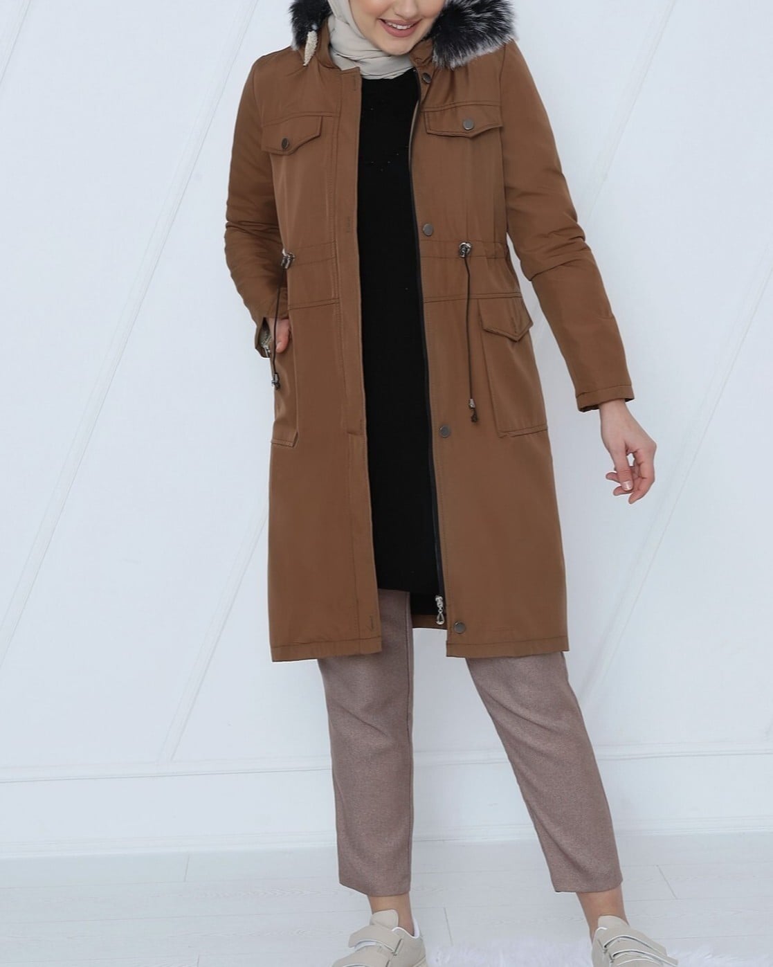 Women's Zip-Up Hooded Drawstring Short Coat - Tan - Podyumplus - by Peralane - photo 7
