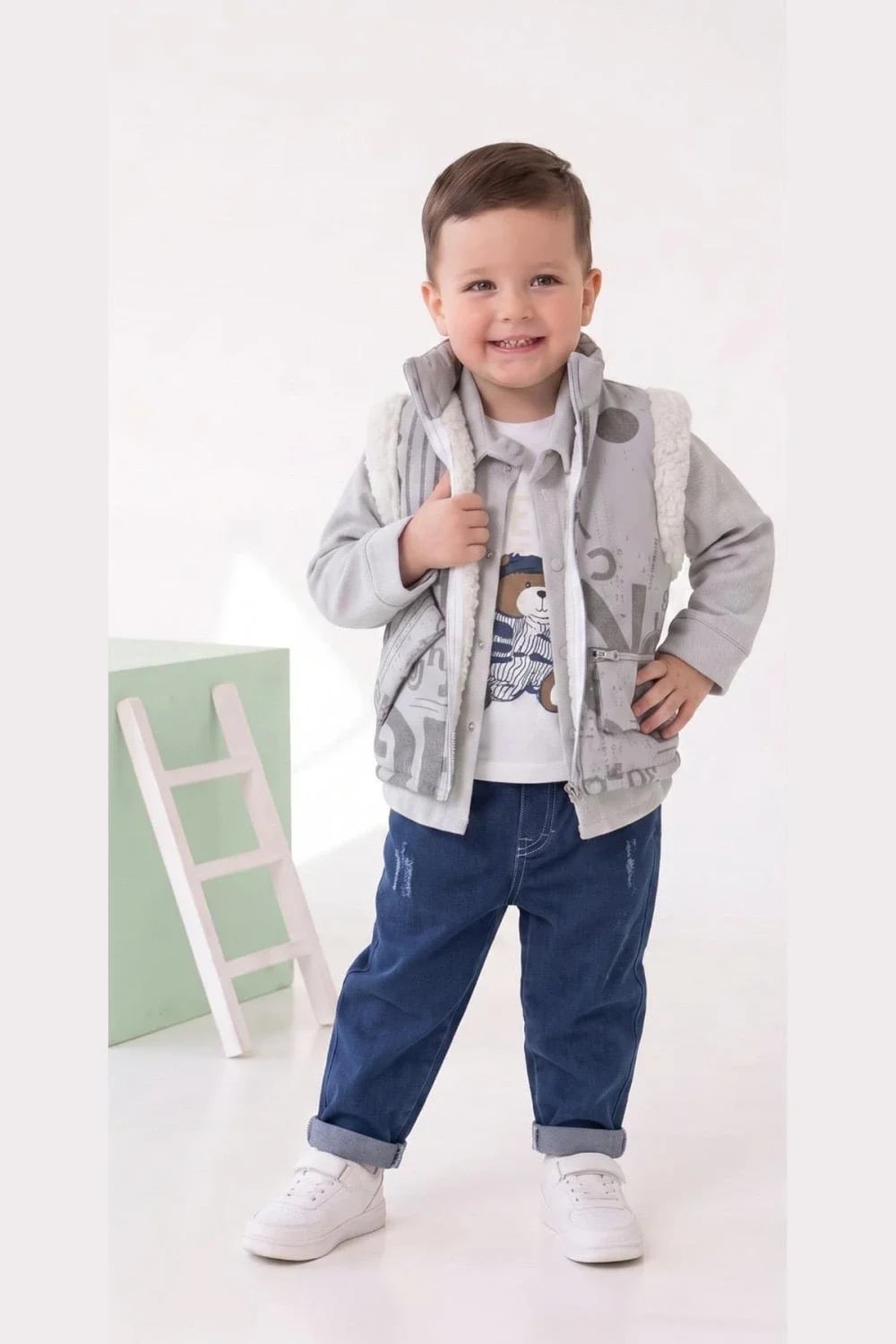 Boys' 4-Piece Outfit with T-Shirt, Vest, and Denim Trousers - Grey - Has Bereket - by Peralane