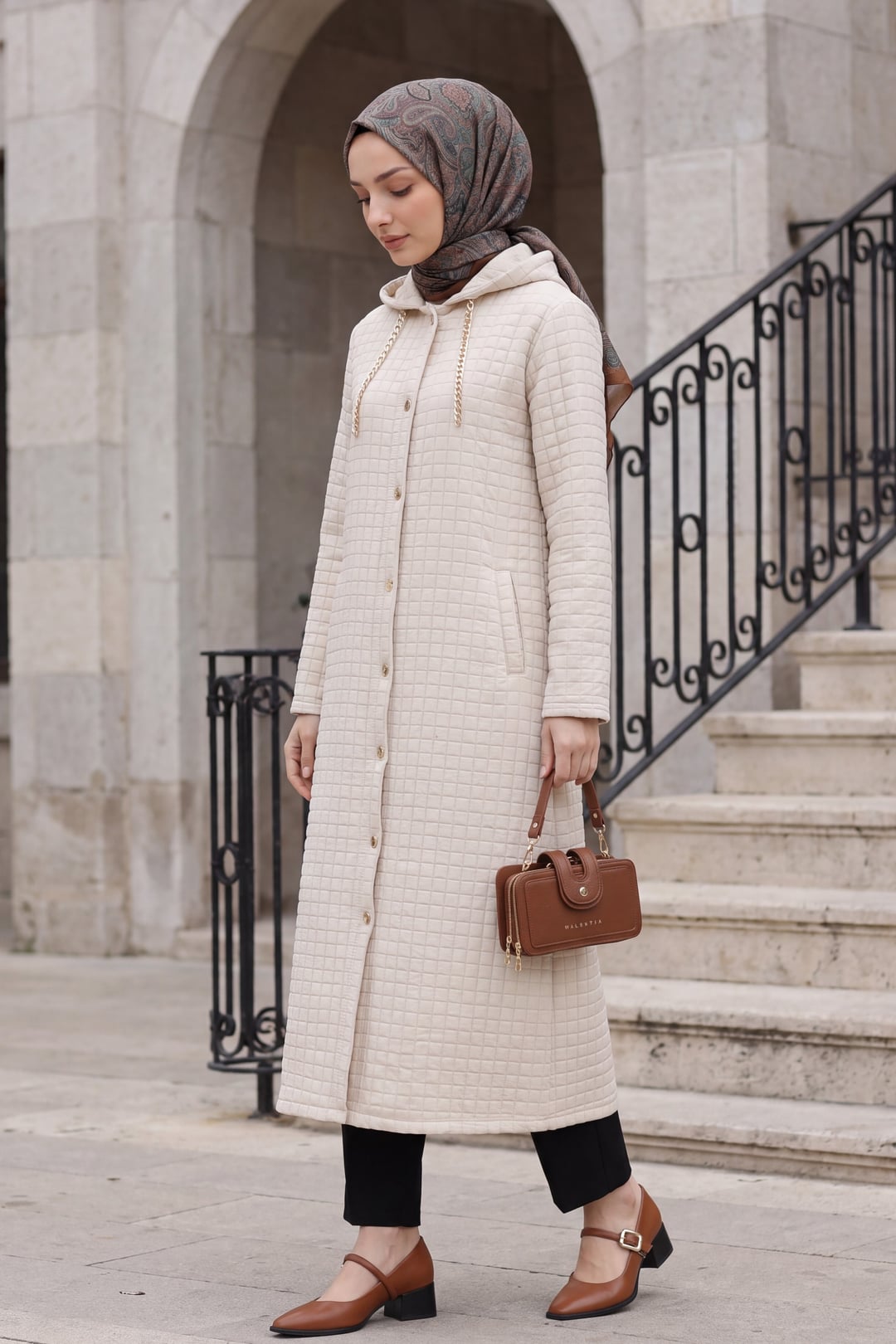 Chain Detail Long Quilted Coat - Stone - Podyumplus - by Peralane - photo 2