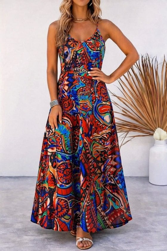 Women's Spaghetti Strap V-Neck Patterned Maxi Suprem Dress - Janes - by Peralane - photo 3