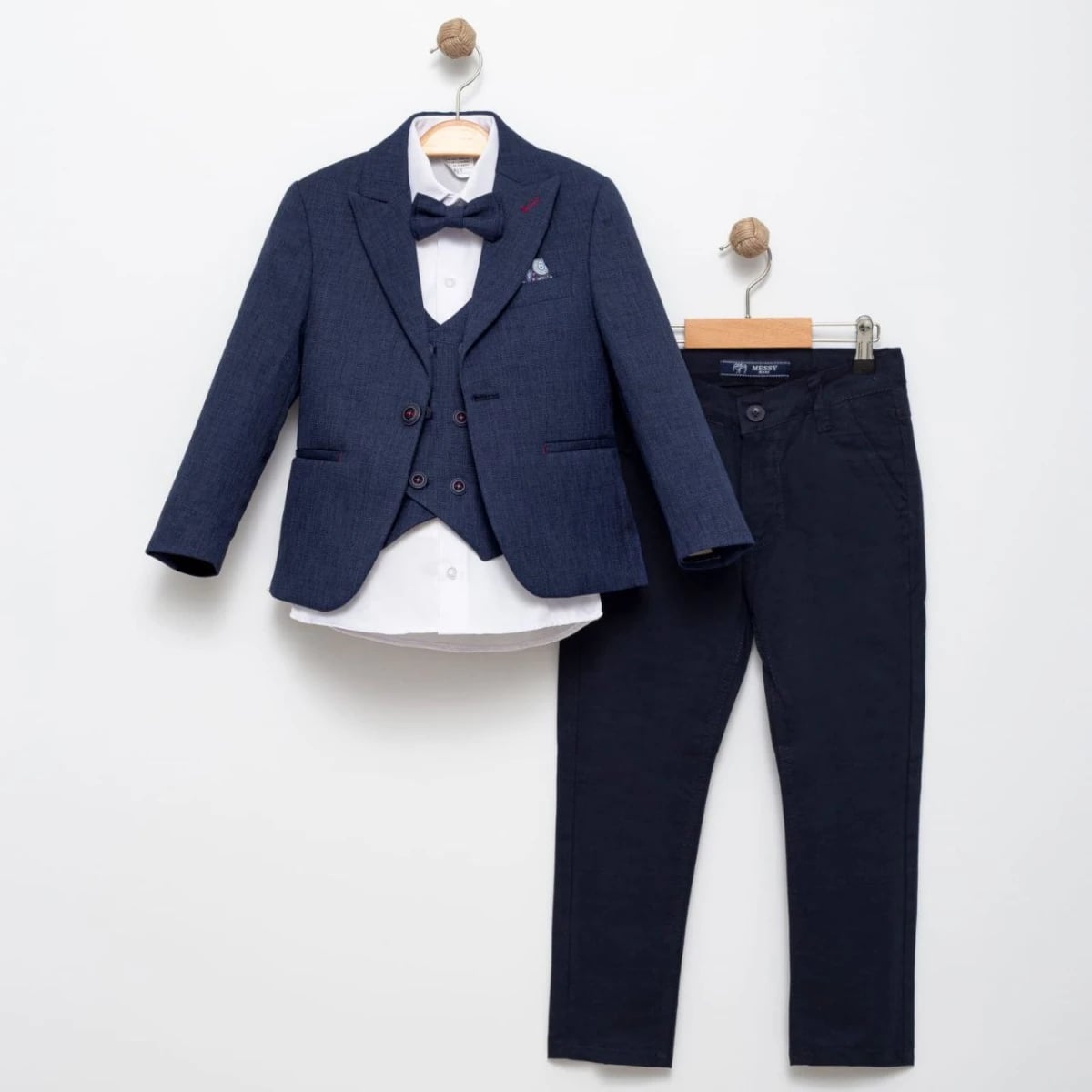Boys' Navy Blue Formal Suit Set with Jacket, Vest, Shirt, Bow Tie, and Trousers - Pack of 5 - Terry - by Peralane