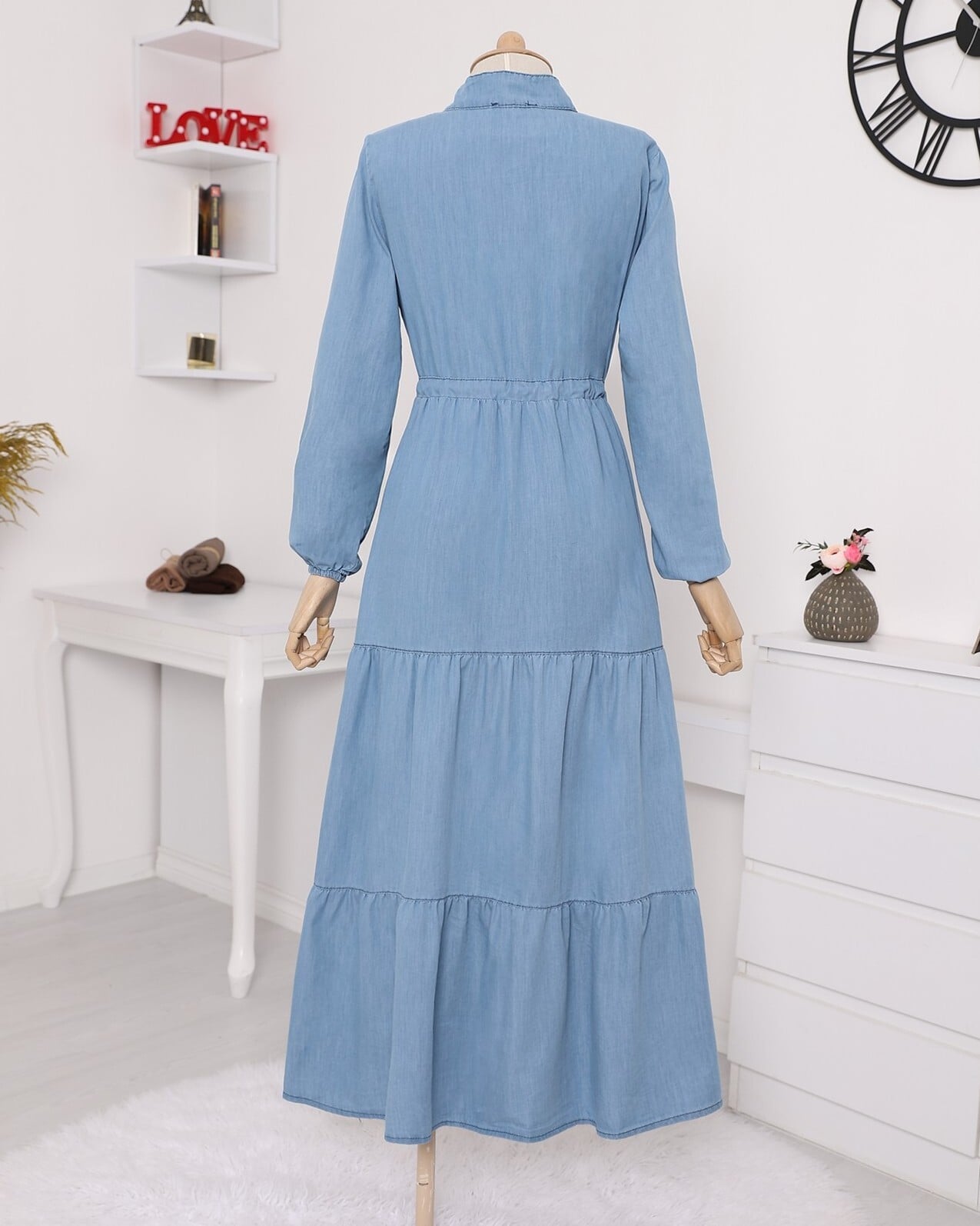 Half Button Front Frill Denim Dress - Blue - Podyumplus - by Peralane - photo 5