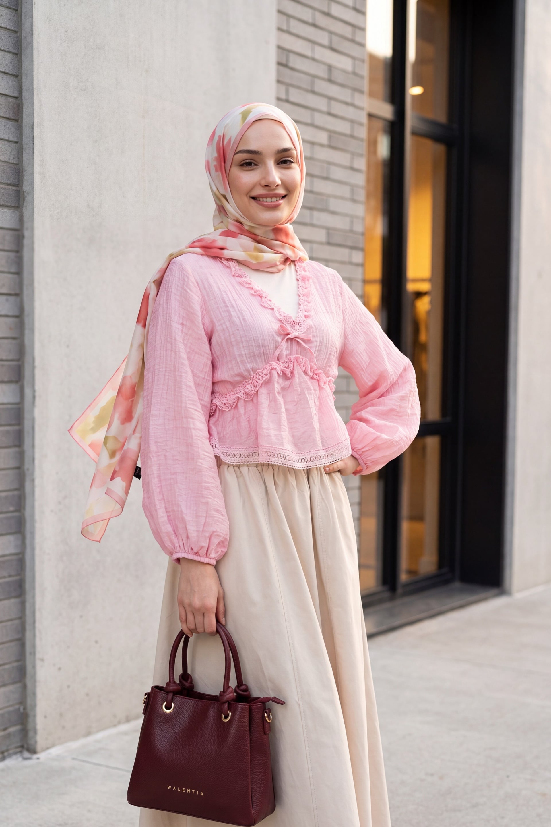 Pink Balloon Sleeve Lace Detail Ruched Viscose Blouse - Podyumplus - by Peralane - photo 4