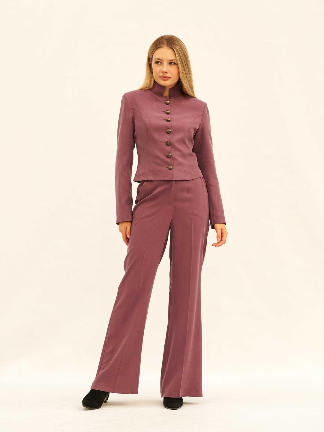 Button-Front Blazer and Wide-Leg Trousers Set in Muted Mauve - Women's 4-Piece Co-ord - Lefon - by Peralane