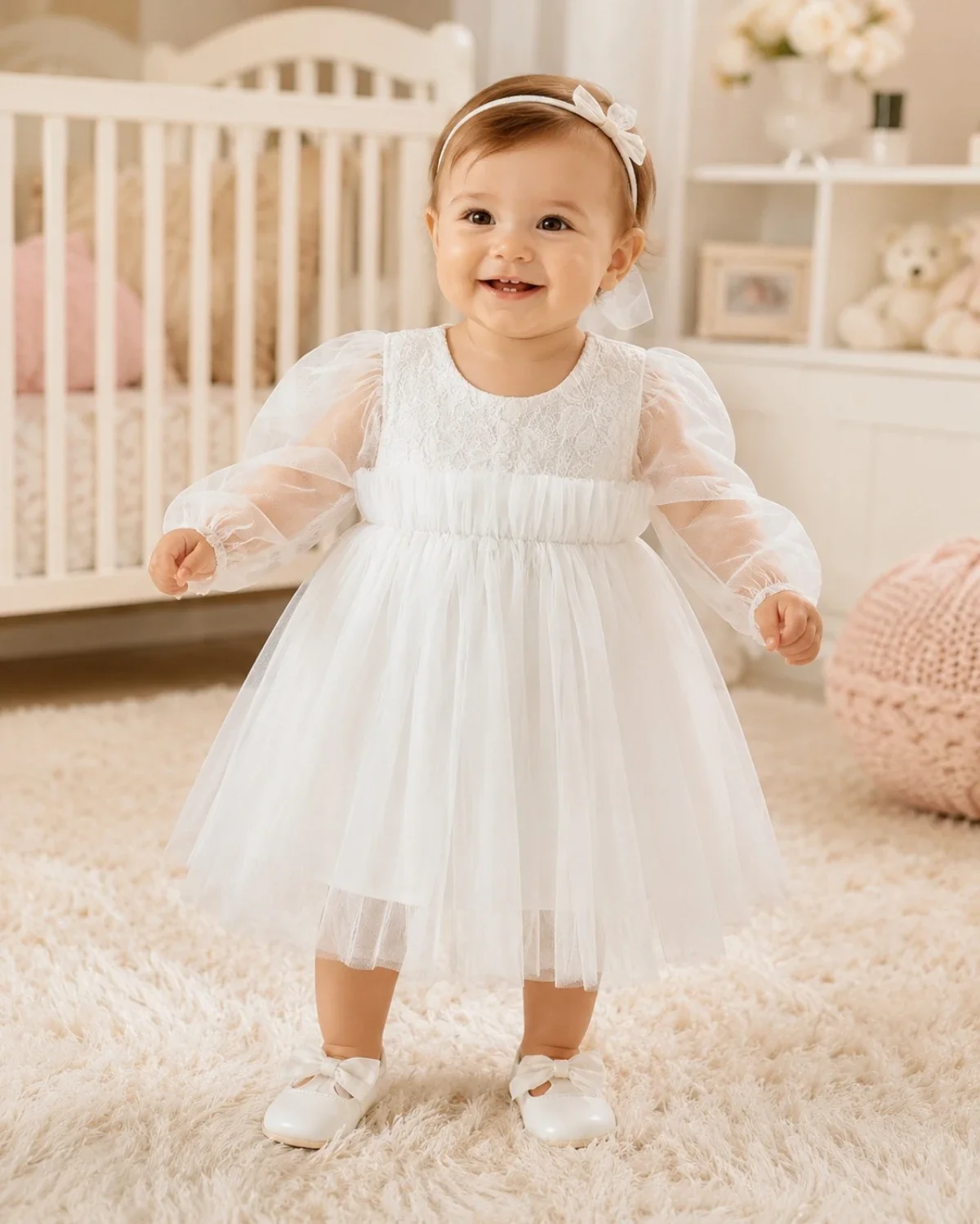 Baby Girls' White Lace and Tulle Dress - 1097 - Has Bereket - by Peralane