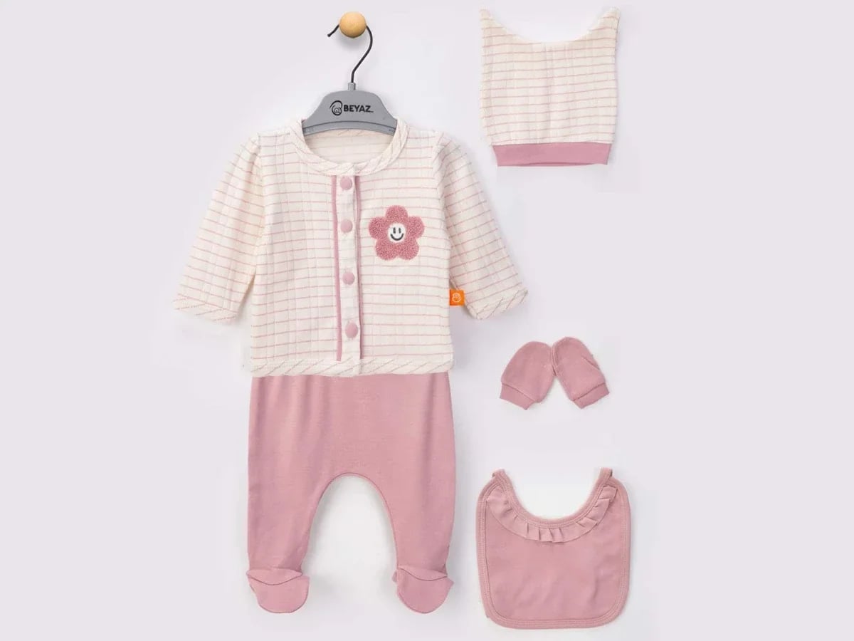 Baby Girls' 5-Piece Newborn Set with Footed Romper, Hat, Bib, and Mittens - Dusty Pink - Beyaz Bebek - by Peralane