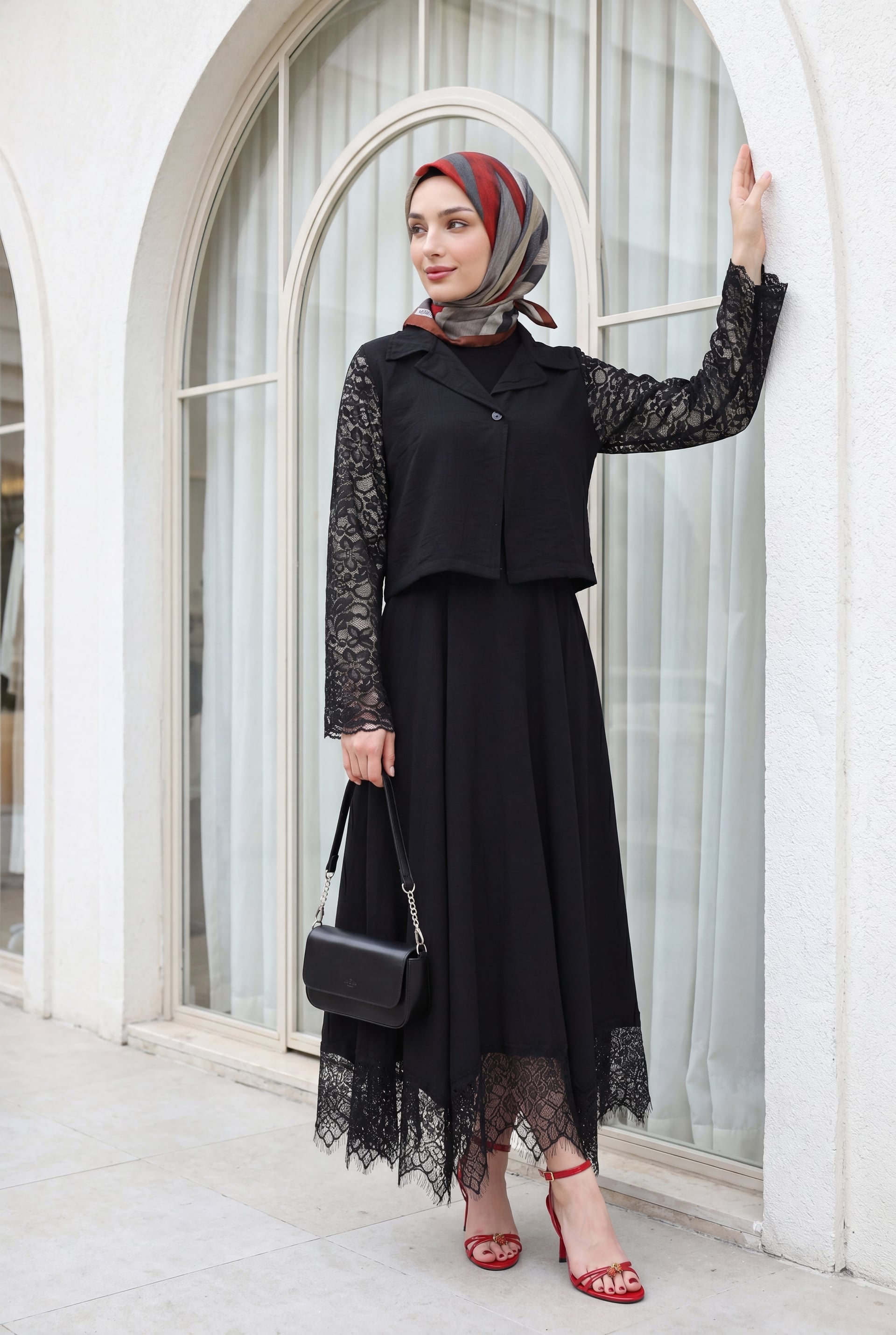 Women's Black Lace Detail Two-Piece Set with Long Sleeves and Skirt - Podyumplus - by Peralane - photo 2