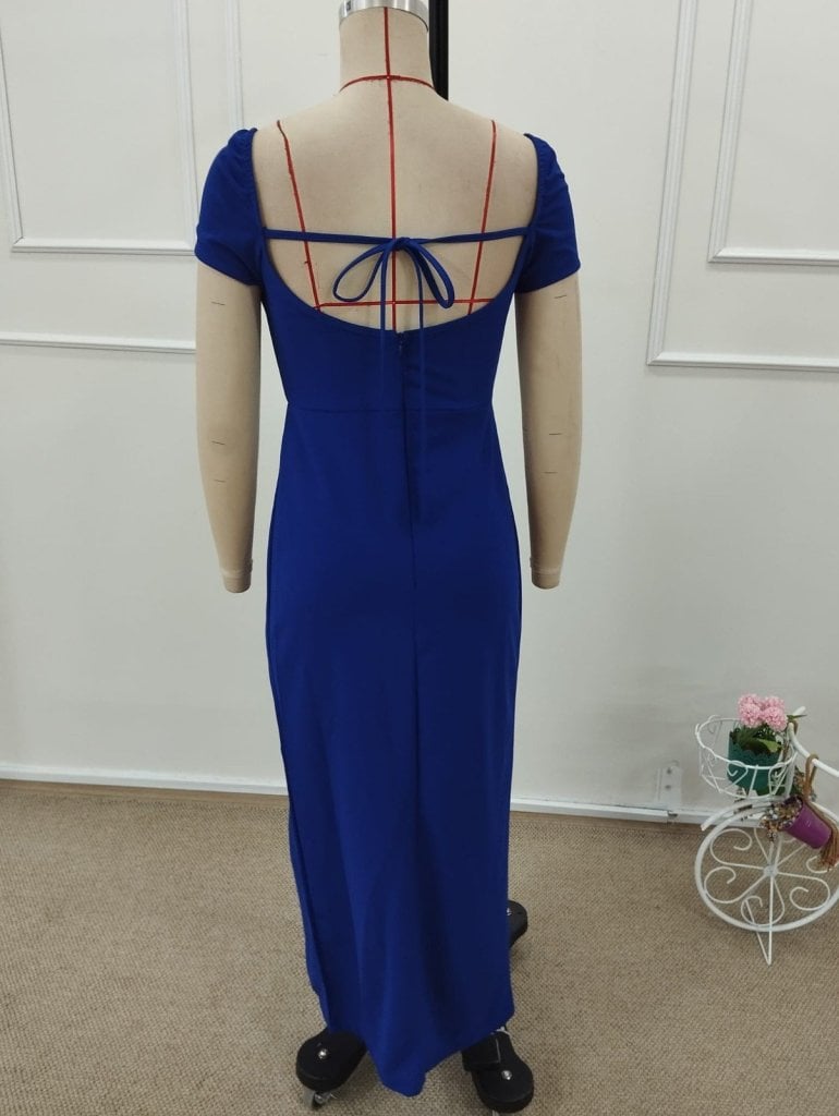 Women's Short Sleeve Square Neck Sequin Trim Long Crepe Dress with Back Lacing - Janes - by Peralane - photo 6