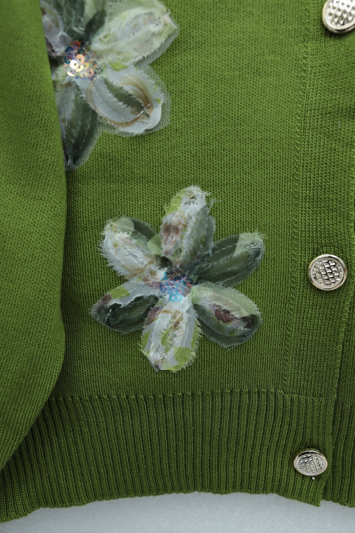 Sequin and Floral Beaded Knit Cardigan - Khaki - Podyumplus - by Peralane - photo 6