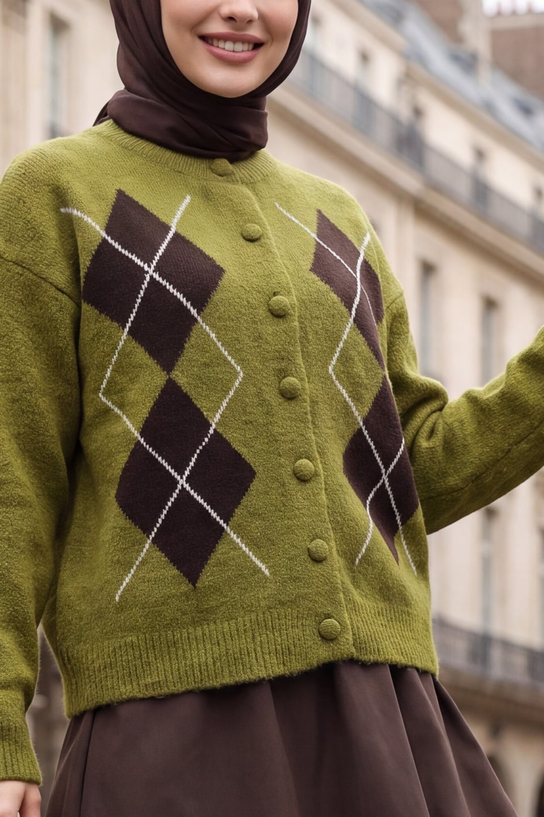 Round Neck Button-Front Argyle Pattern Soft Knit Cardigan - Moss Green - Podyumplus - by Peralane - photo 3
