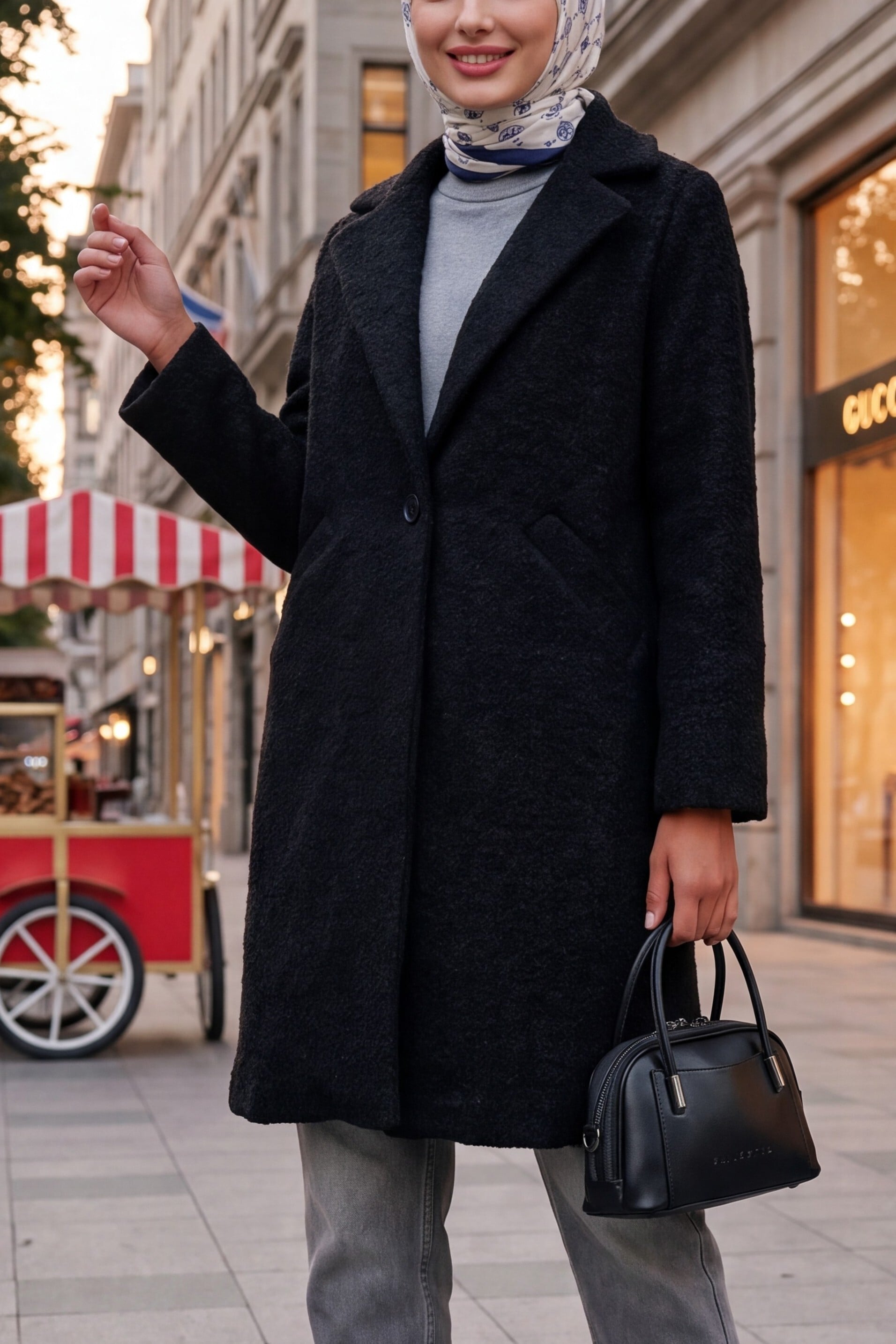 Oversize Boucle Coat - Black - Bigdart - by Peralane