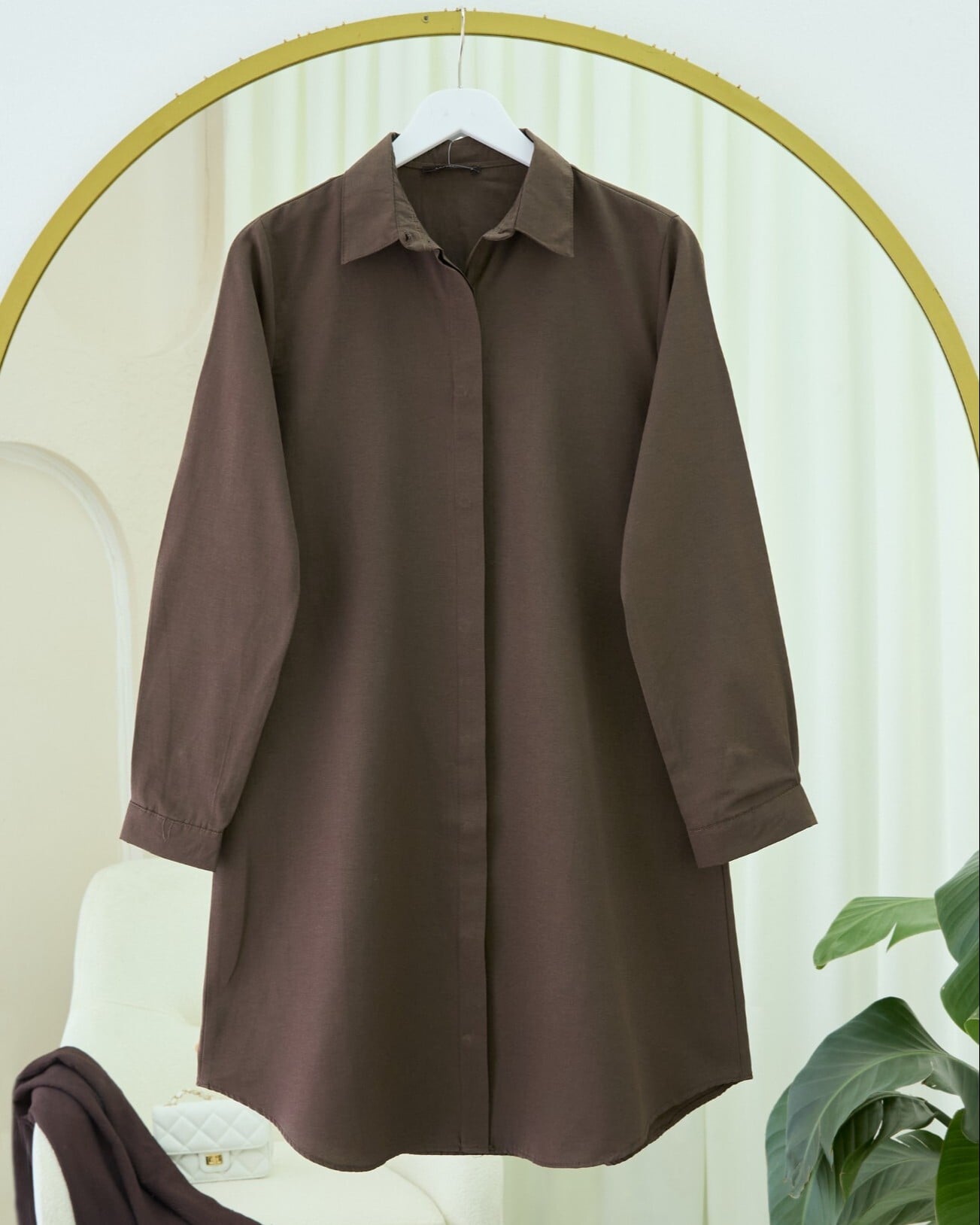 Oval Cut Long Shirt with Hidden Buttons - Brown - Podyumplus - by Peralane - photo 6