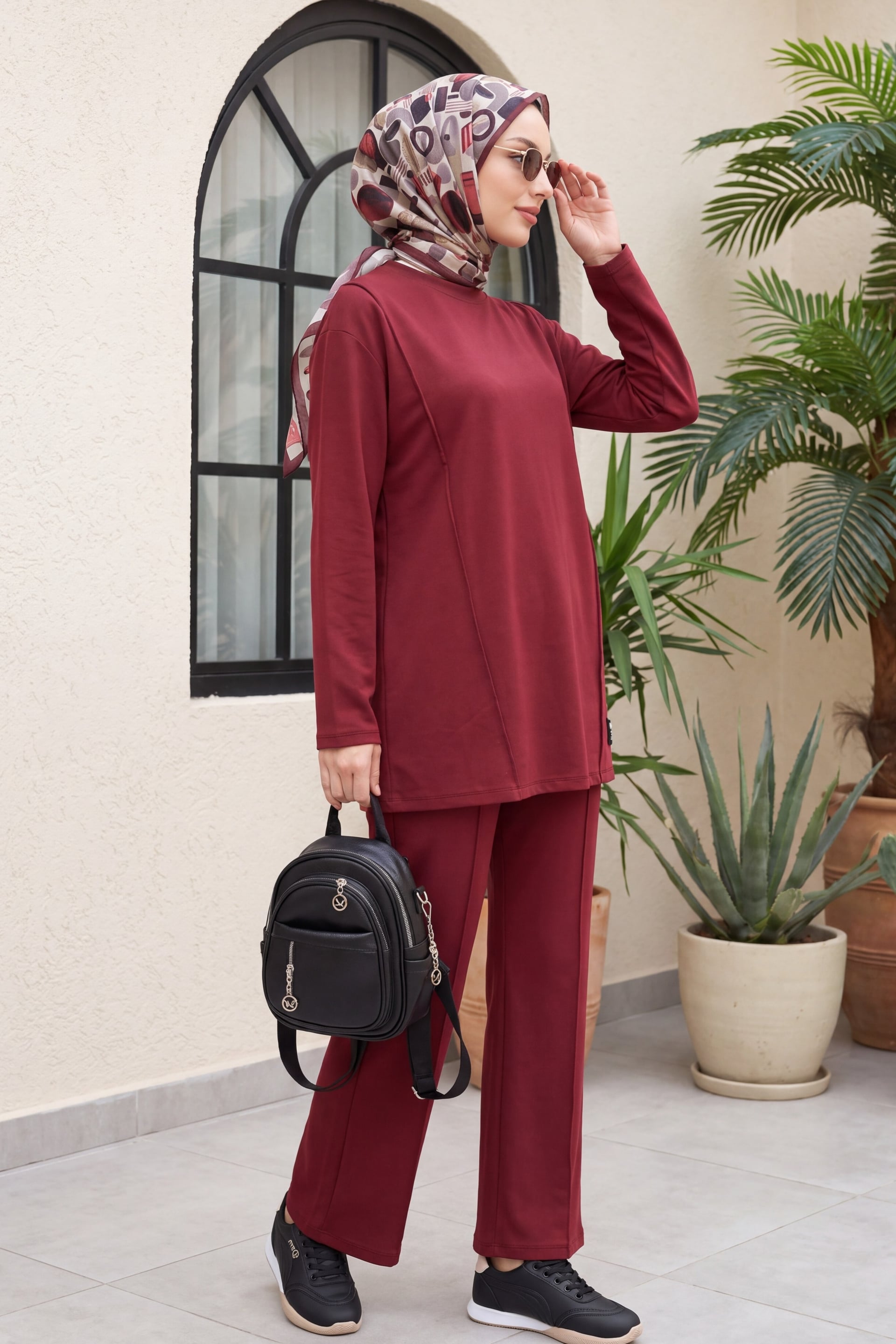 Crew Neck Cotton Jersey Set with Detailed Lettering and Elasticated Waistband - Burgundy - Podyumplus - by Peralane - photo 2
