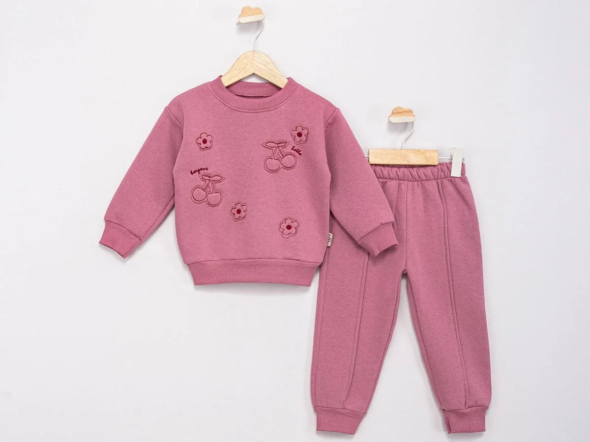 Girls' Two-Piece Fleece Set with Cherry and Flower Embroidery - Dusty Rose - Feely Kids - by Peralane