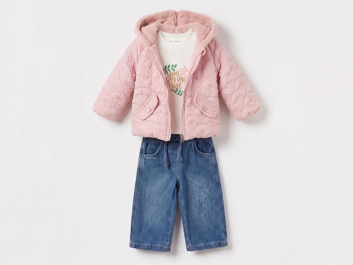 Pink Quilted Jacket, T-Shirt, and Denim Trousers Girls' Set (9-24 Months) - Canoz - by Peralane