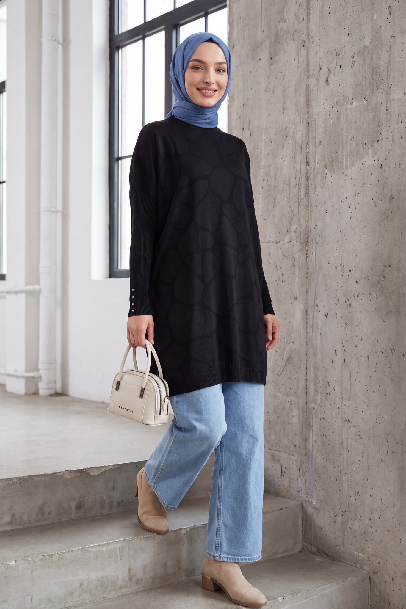 Half-Crew Neck Drop Shoulder Stone Detail Knit Tunic in Black - Podyumplus - by Peralane - photo 3