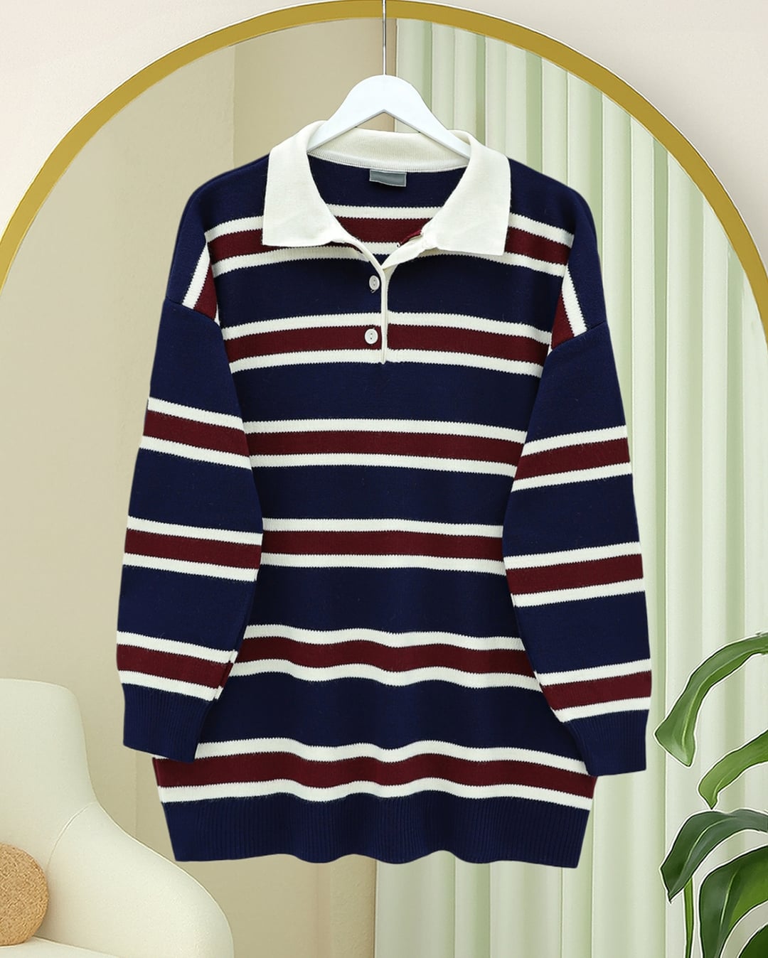 Polo Neck Half-Button Striped Knit Sweater - Navy - Podyumplus - by Peralane - photo 3