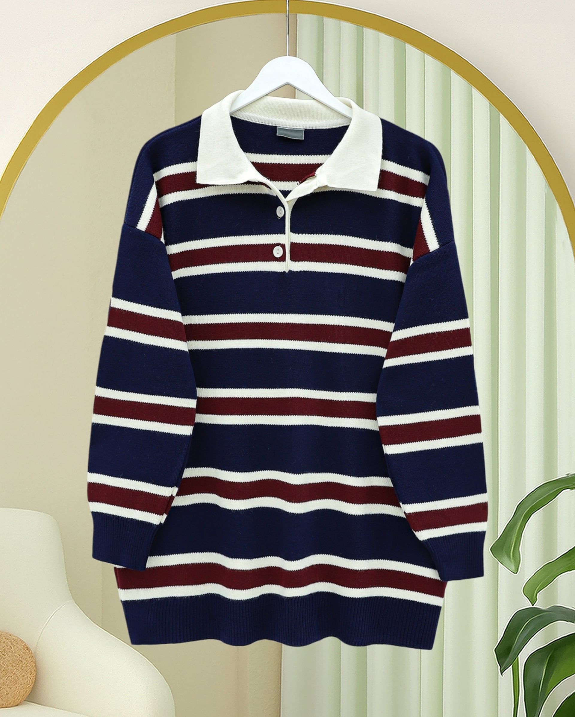 Polo Neck Half-Button Striped Knit Sweater - Navy - Podyumplus - by Peralane - photo 3