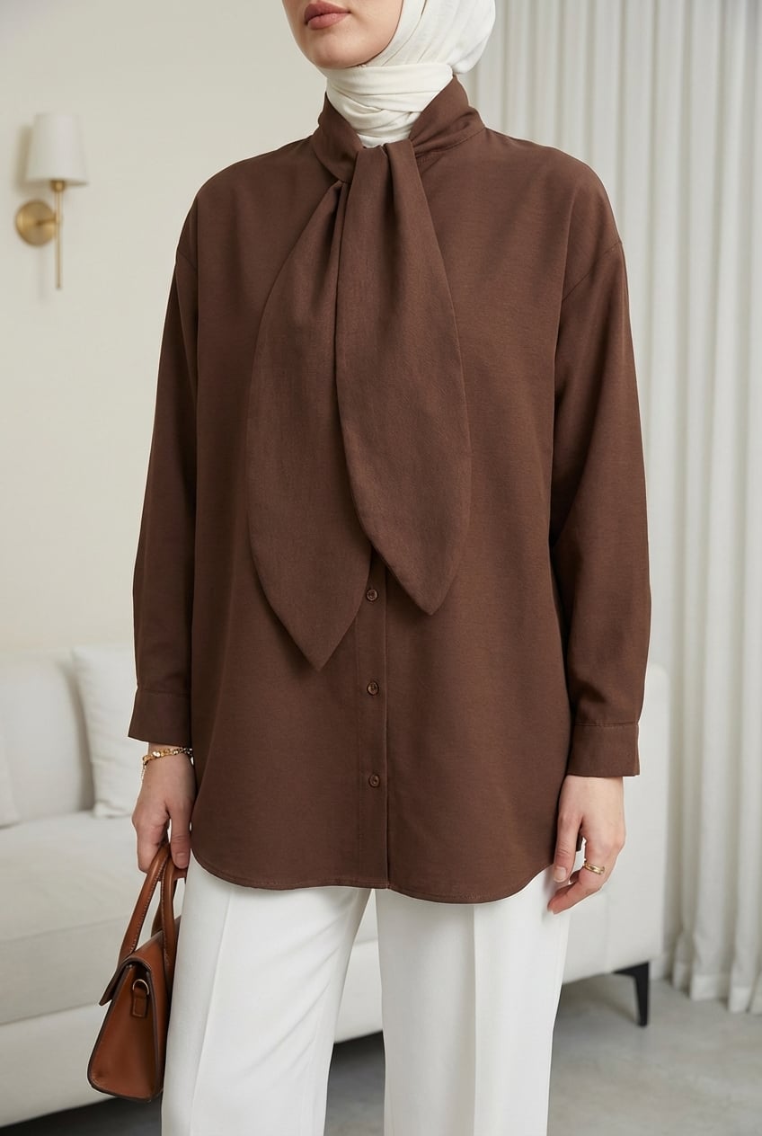Tie-Neck Buttoned Oversize Blouse - Brown - Podyumplus - by Peralane