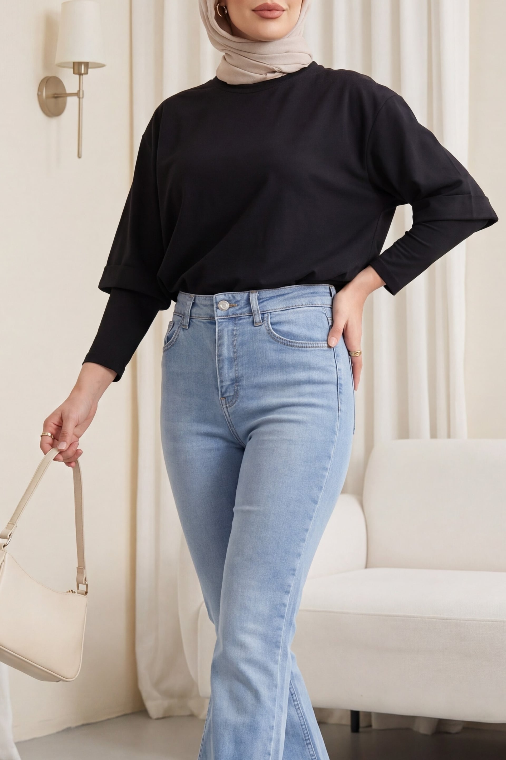 Black Crew Neck Side Slit Short-Sleeve Jersey T-Shirt with Cuffed Sleeves - Podyumplus - by Peralane - photo 2