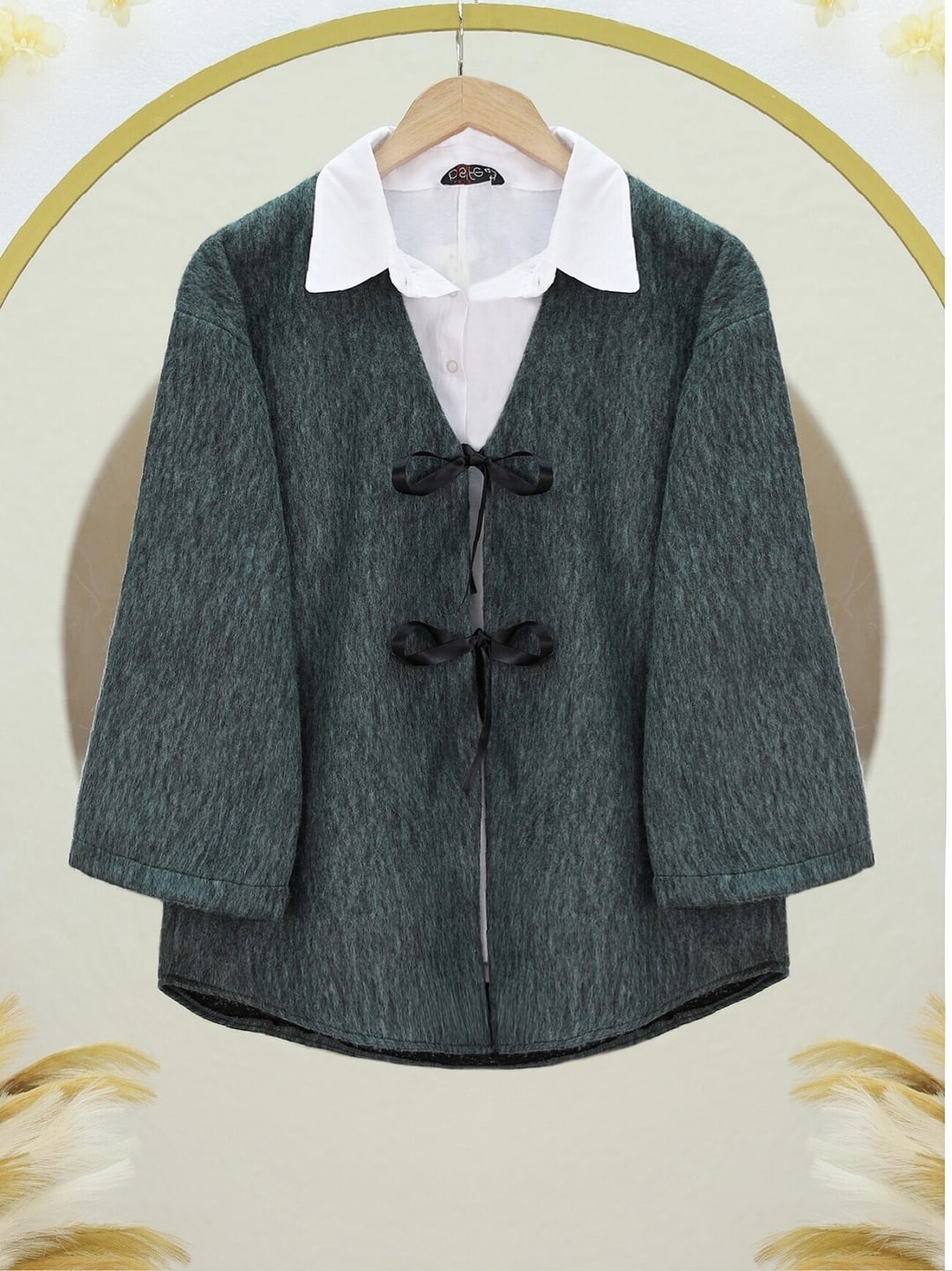 Dark Green Textured Knit Cardigan with Front Tie Closure - Emerald - Podyumplus - by Peralane - photo 2