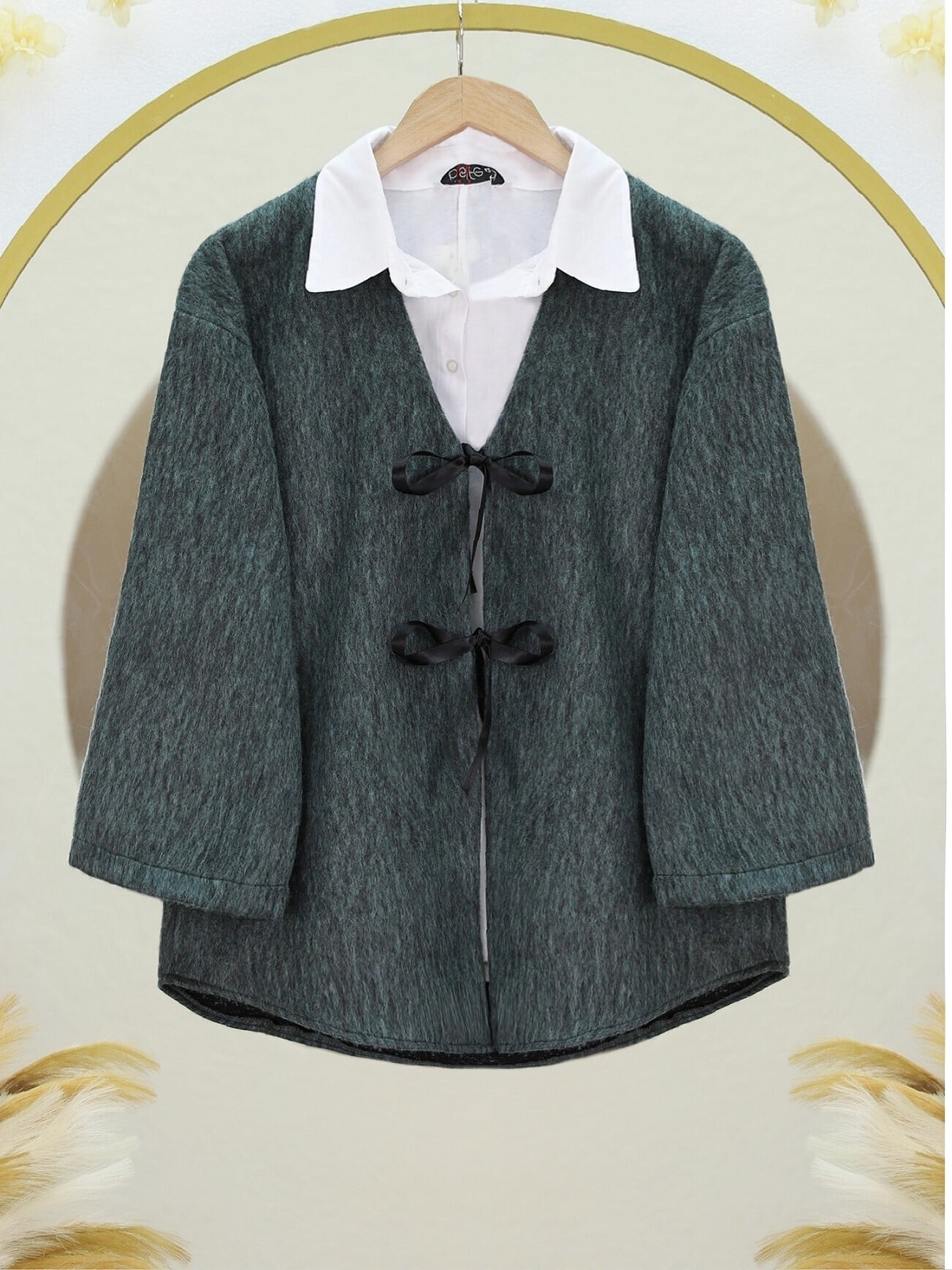 Dark Green Textured Knit Cardigan with Front Tie Closure - Emerald - Podyumplus - by Peralane - photo 2