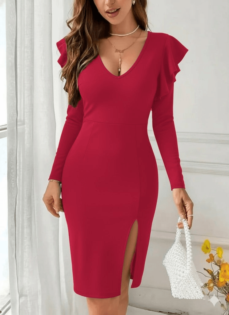 Women's Long Sleeve V-Neck Side Slit Midi Imported Crepe Dress - Janes - by Peralane