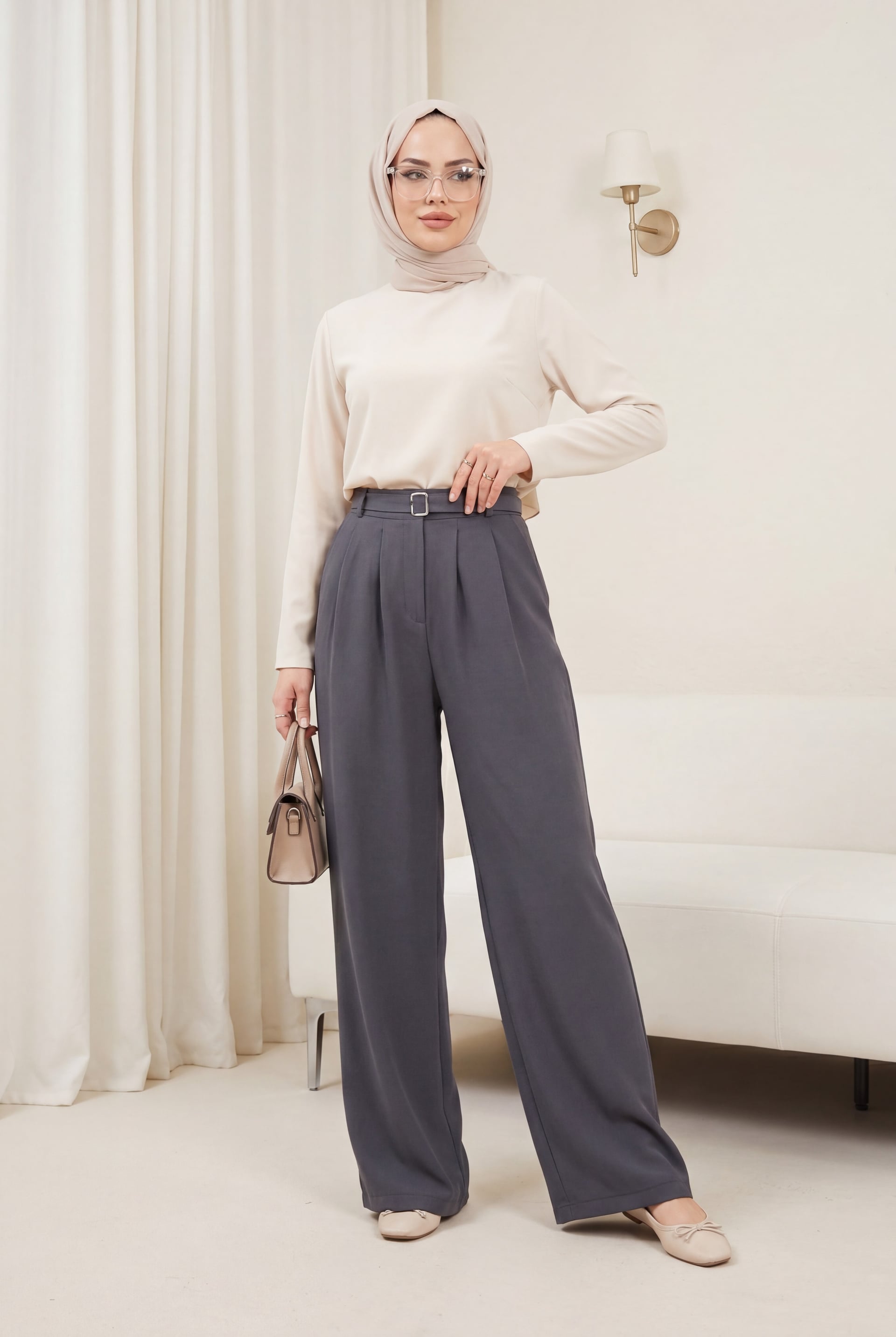 Elastic Waist Belt Detail Tencel Cupro Trousers - Smoke - Podyumplus - by Peralane - photo 2